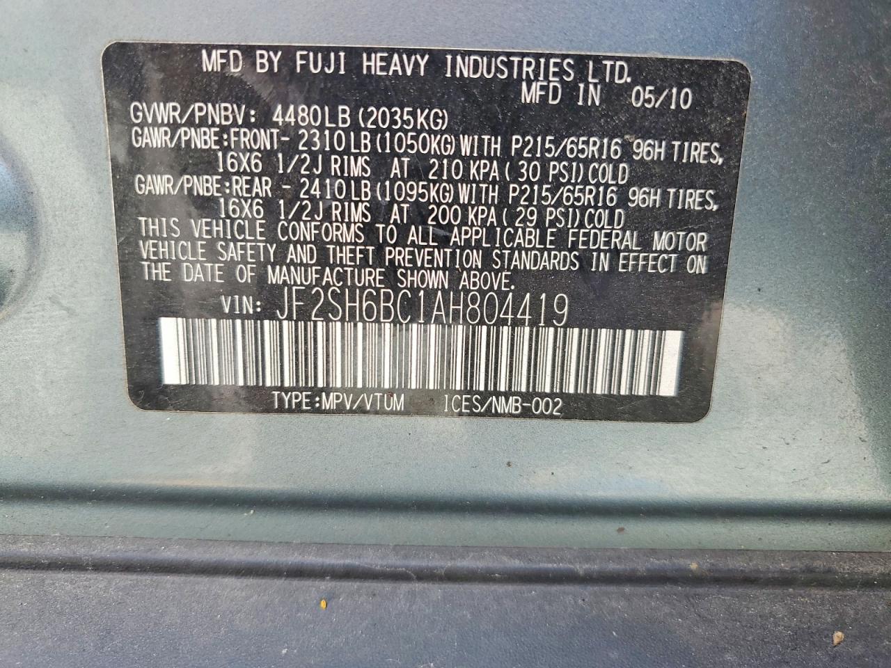 2010 Subaru Forester Xs Teal vin: JF2SH6BC1AH804419
