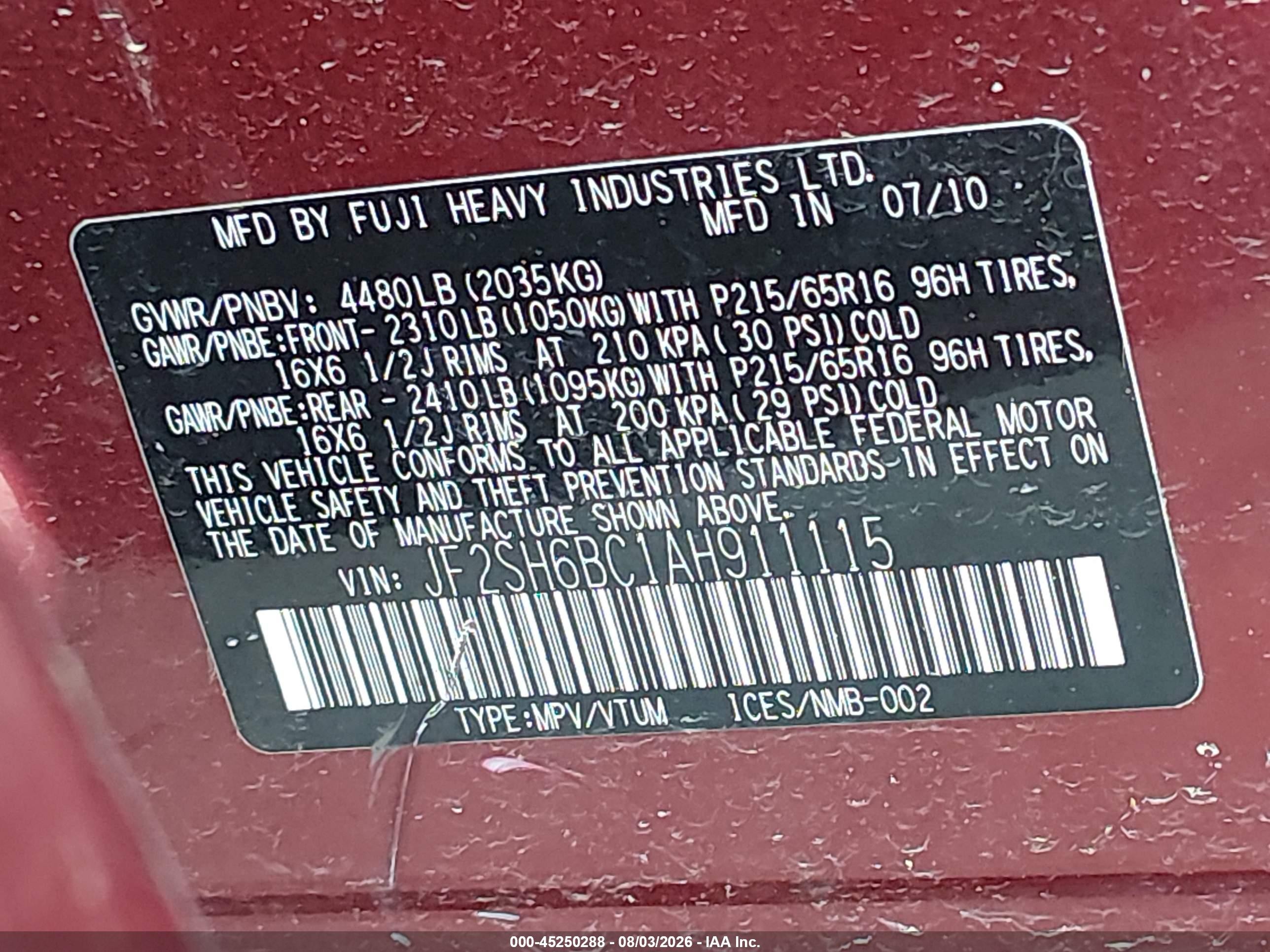 2010 Subaru Forester 2.5x Red vin: JF2SH6BC1AH911115