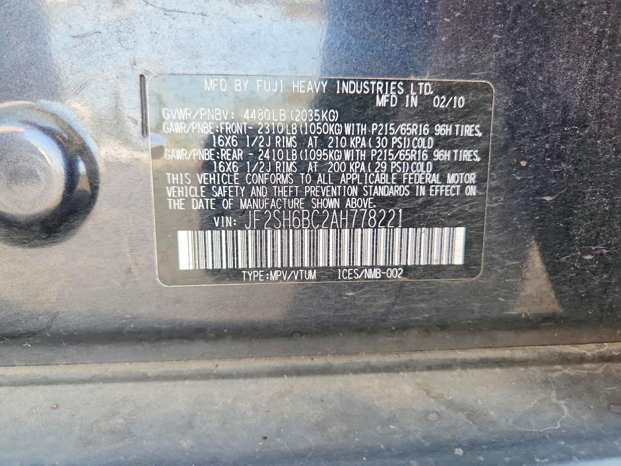 2010 Subaru Forester Xs Угольный vin: JF2SH6BC2AH778221