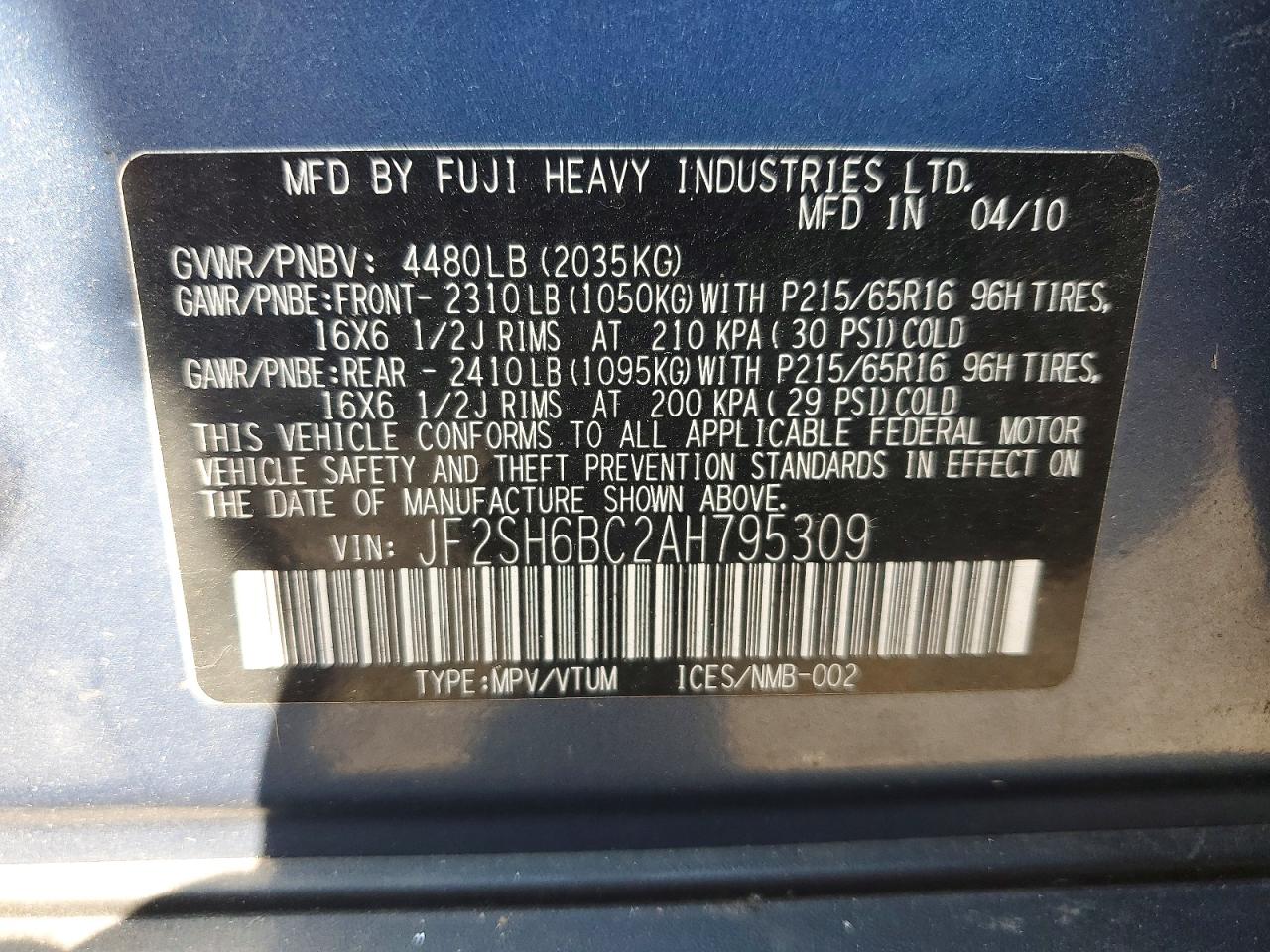 2010 Subaru Forester Xs Blue vin: JF2SH6BC2AH795309