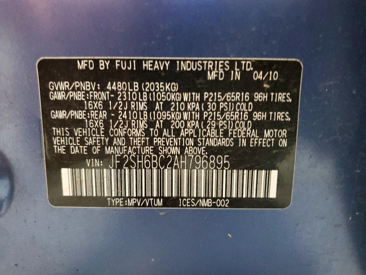 2010 Subaru Forester Xs Blue vin: JF2SH6BC2AH796895
