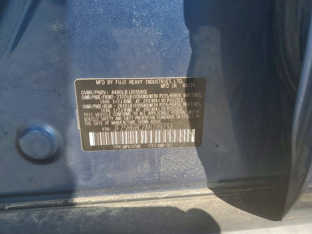 2010 Subaru Forester Xs Blue vin: JF2SH6BC2AH799232