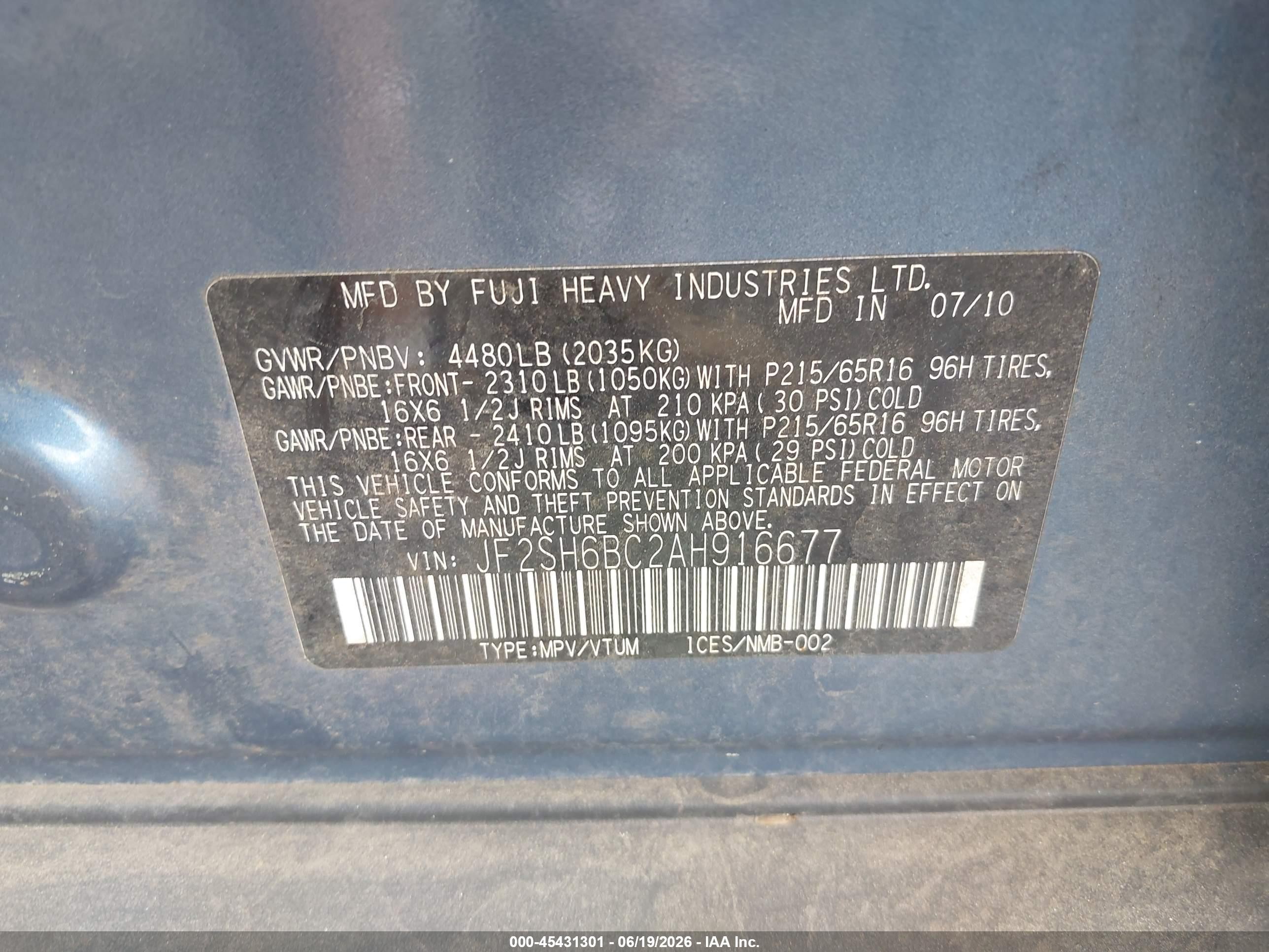 2010 Subaru Forester 2.5x Blue vin: JF2SH6BC2AH916677