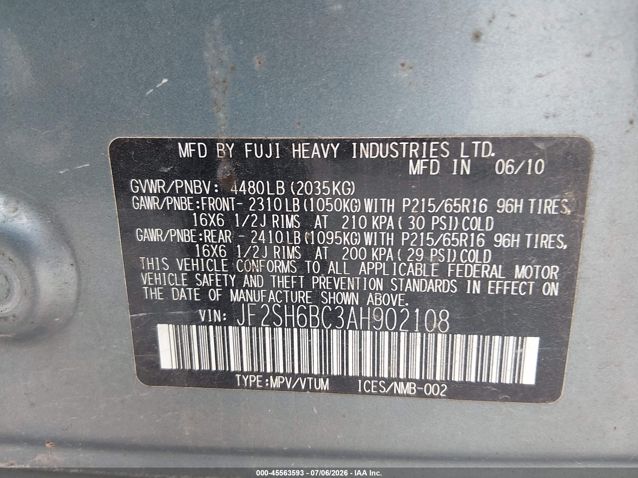 2010 Subaru Forester 2.5x Teal vin: JF2SH6BC3AH902108