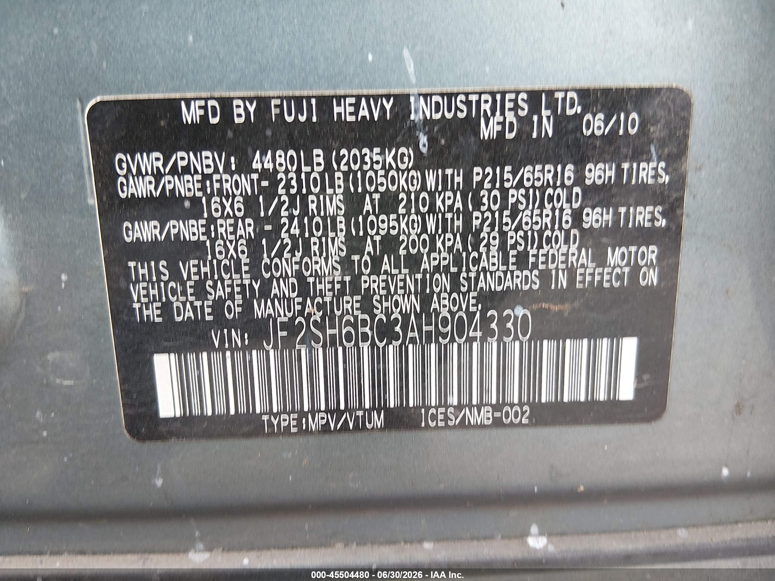 2010 Subaru Forester 2.5x Green vin: JF2SH6BC3AH904330