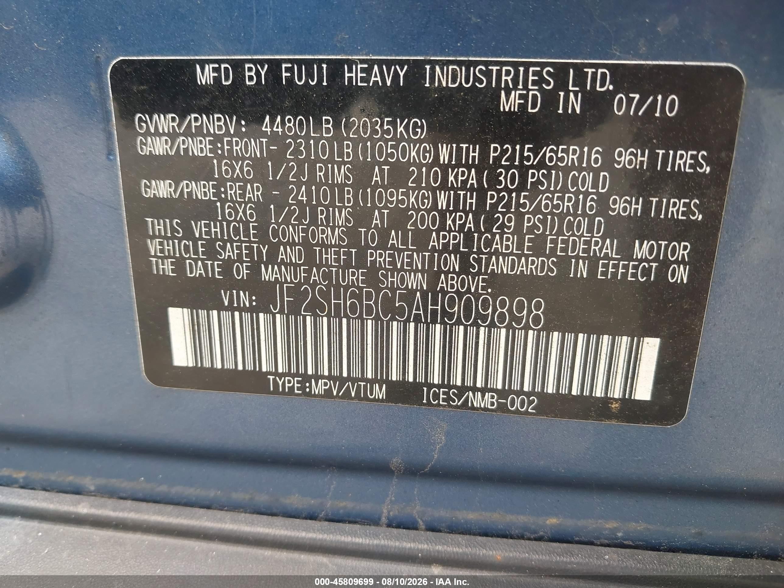 2010 Subaru Forester 2.5x Синий vin: JF2SH6BC5AH909898