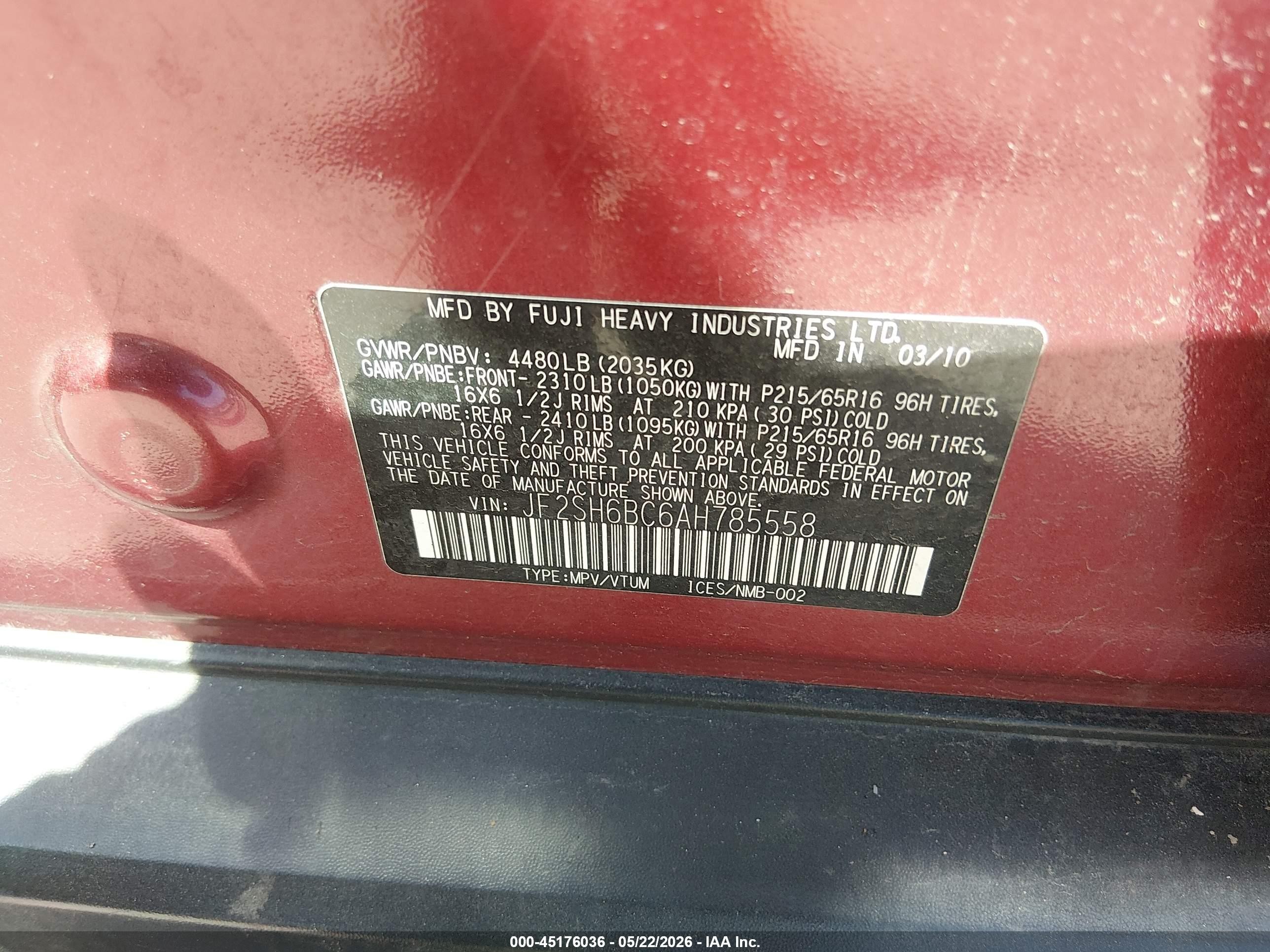 2010 Subaru Forester Xs Red vin: JF2SH6BC6AH785558