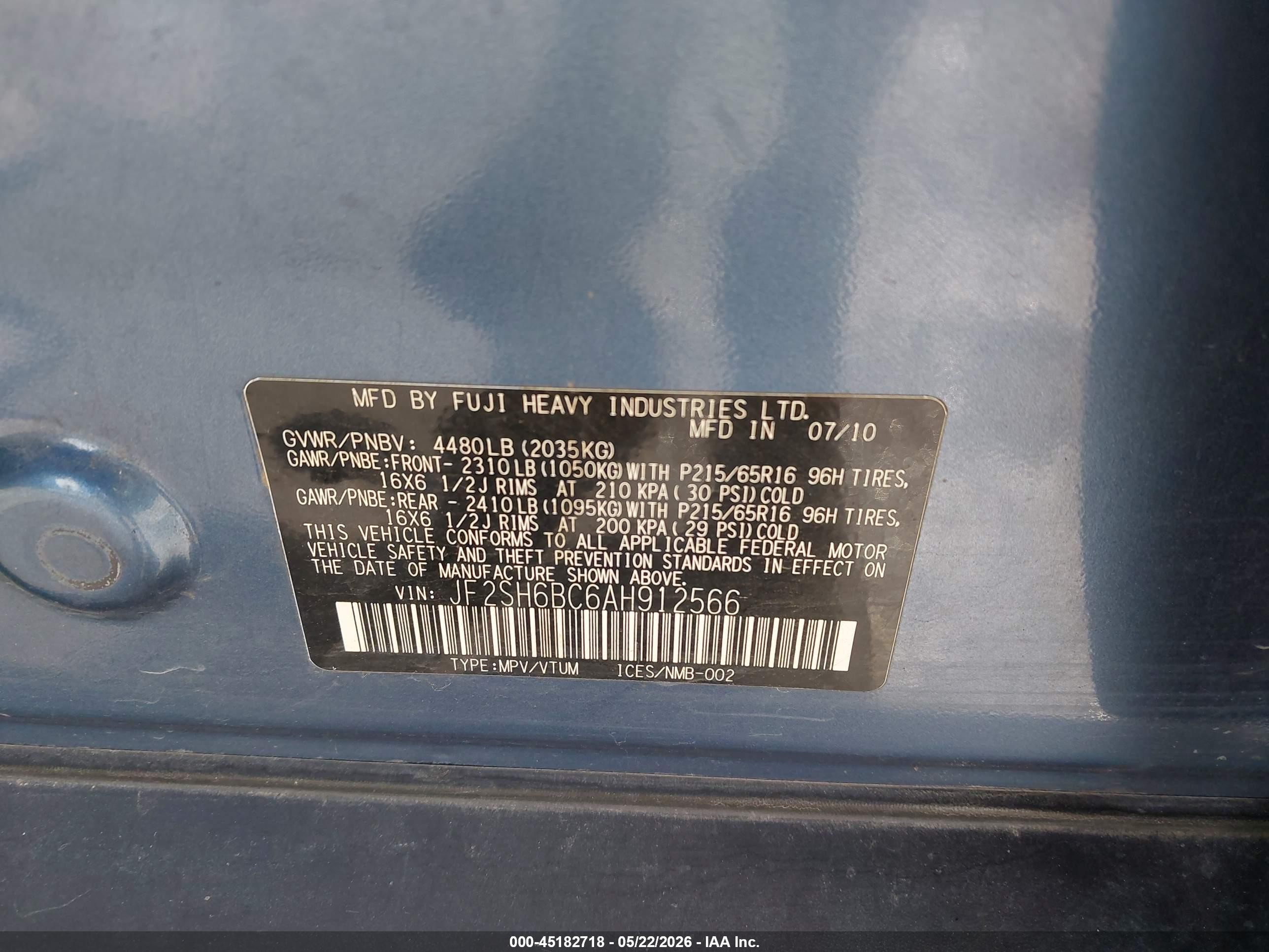 2010 Subaru Forester 2.5x Blue vin: JF2SH6BC6AH912566