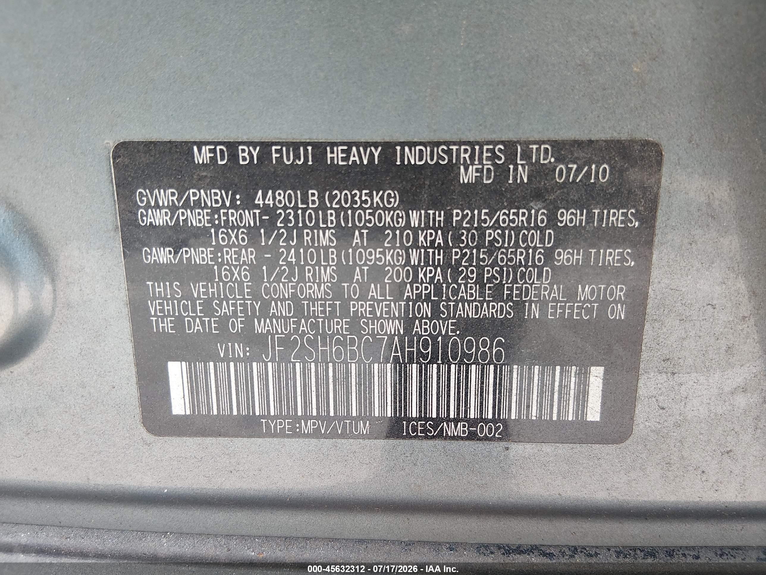 2010 Subaru Forester 2.5x Green vin: JF2SH6BC7AH910986