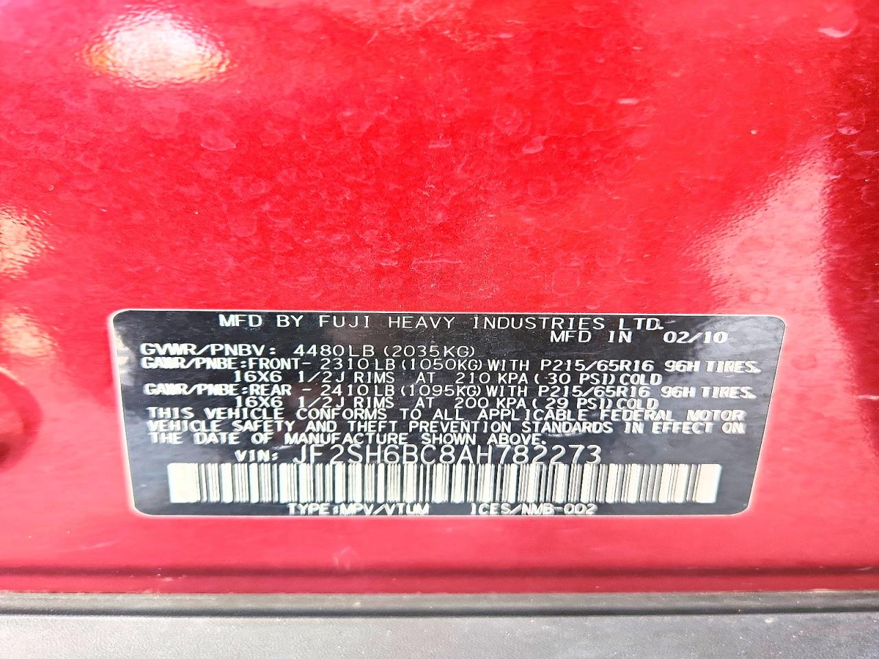 2010 Subaru Forester Xs Burgundy vin: JF2SH6BC8AH782273