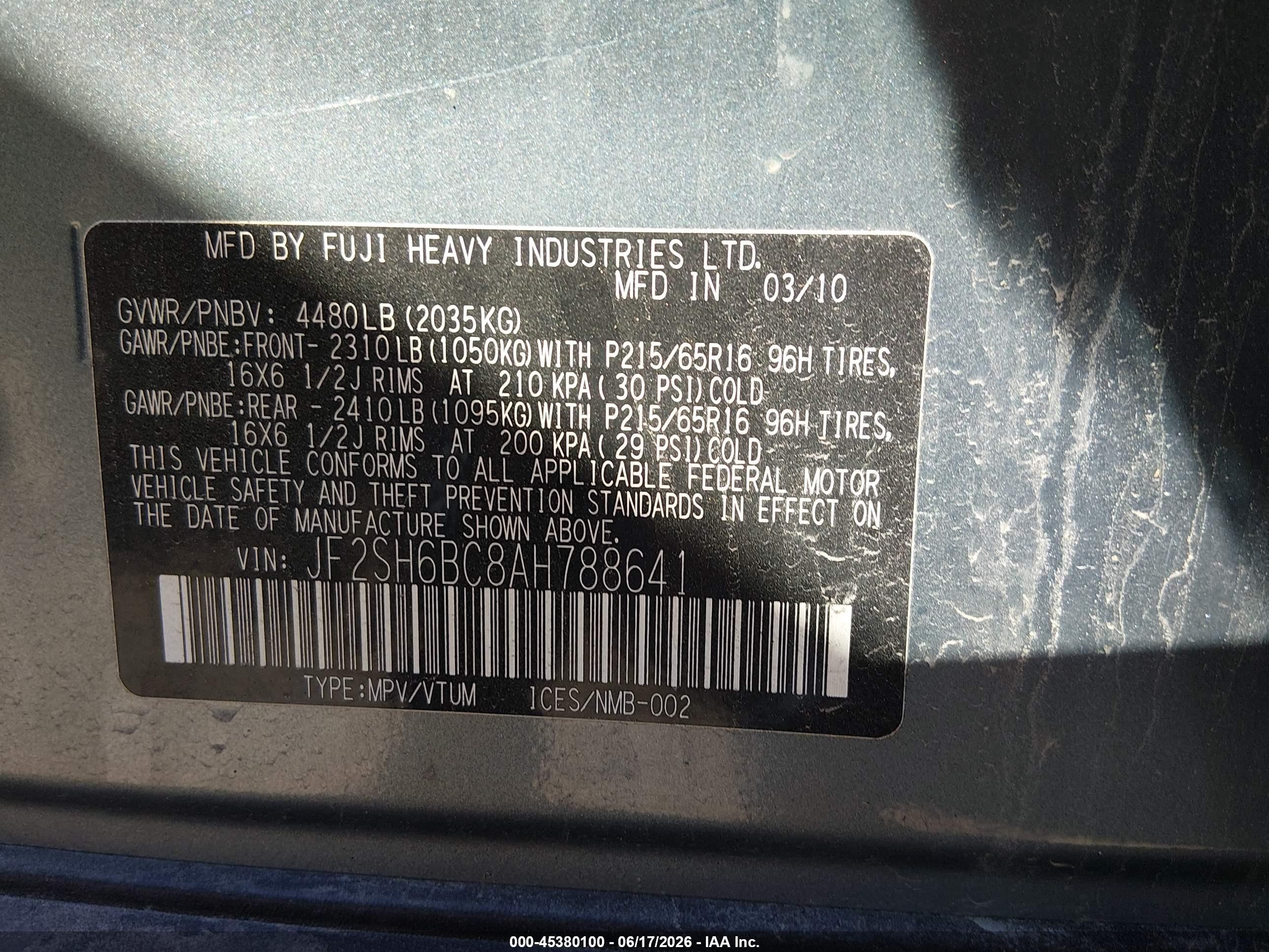 2010 Subaru Forester 2.5x Green vin: JF2SH6BC8AH788641