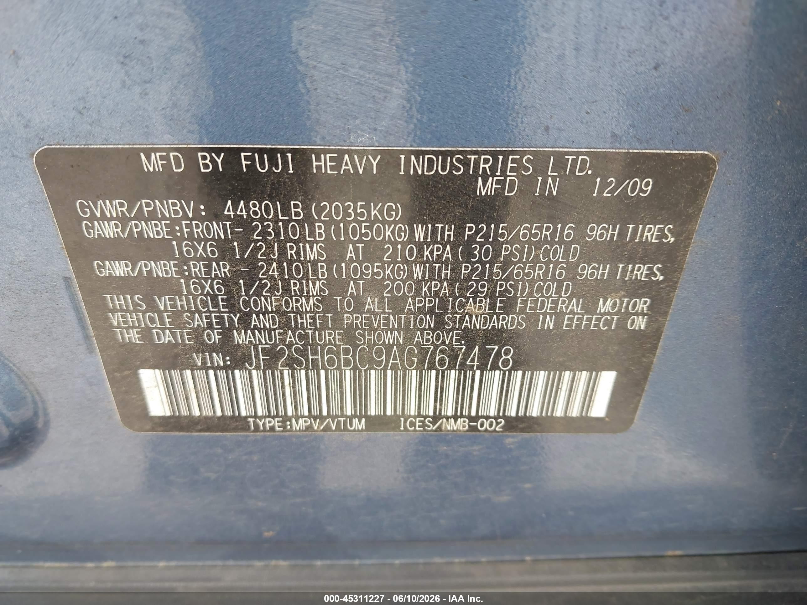 2010 Subaru Forester 2.5x Blue vin: JF2SH6BC9AG767478