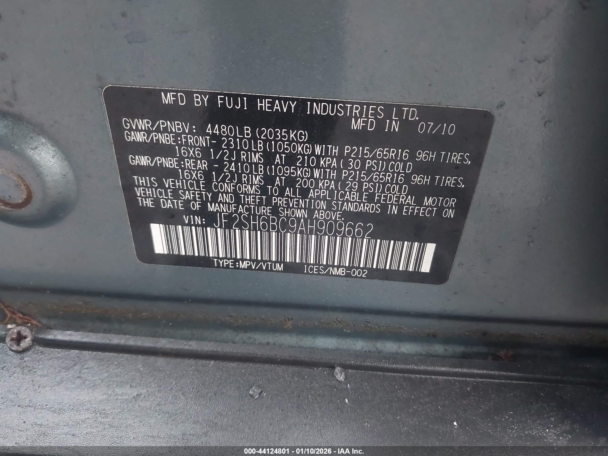 2010 Subaru Forester 2.5x Green vin: JF2SH6BC9AH909662
