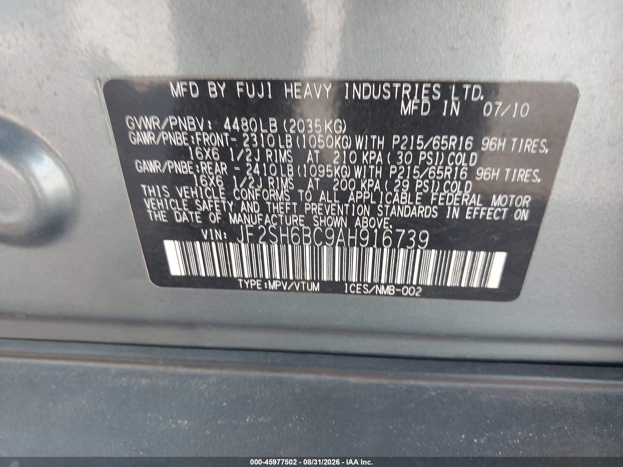 2010 Subaru Forester 2.5x Blue vin: JF2SH6BC9AH916739