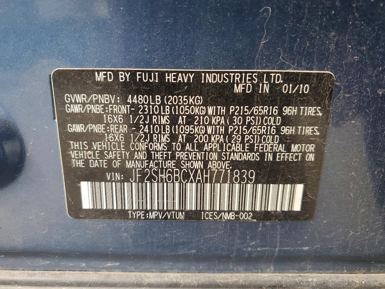 2010 Subaru Forester Xs Blue vin: JF2SH6BCXAH771839