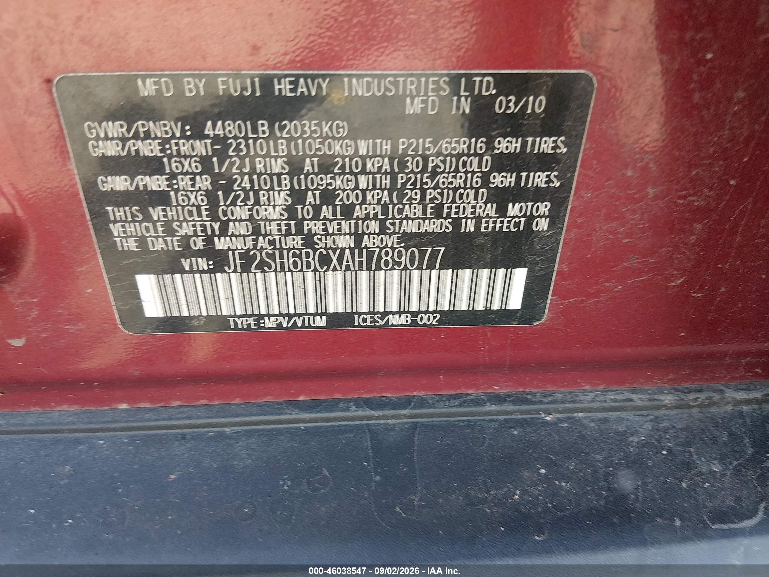 2010 Subaru Forester 2.5x Burgundy vin: JF2SH6BCXAH789077