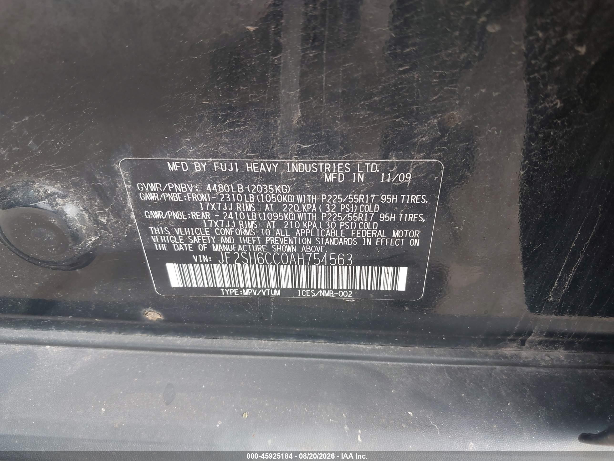 2010 Subaru Forester 2.5x Premium Black vin: JF2SH6CC0AH754563