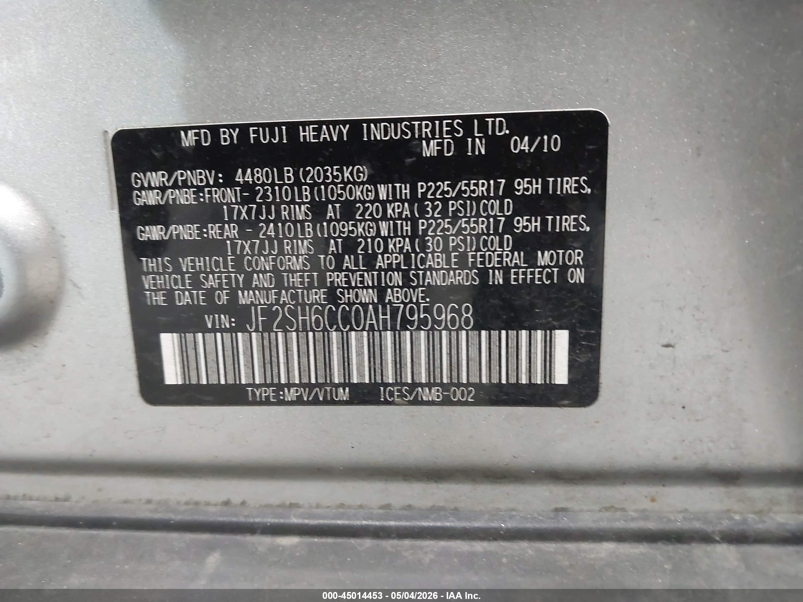 2010 Subaru Forester 2.5x Premium Серый vin: JF2SH6CC0AH795968