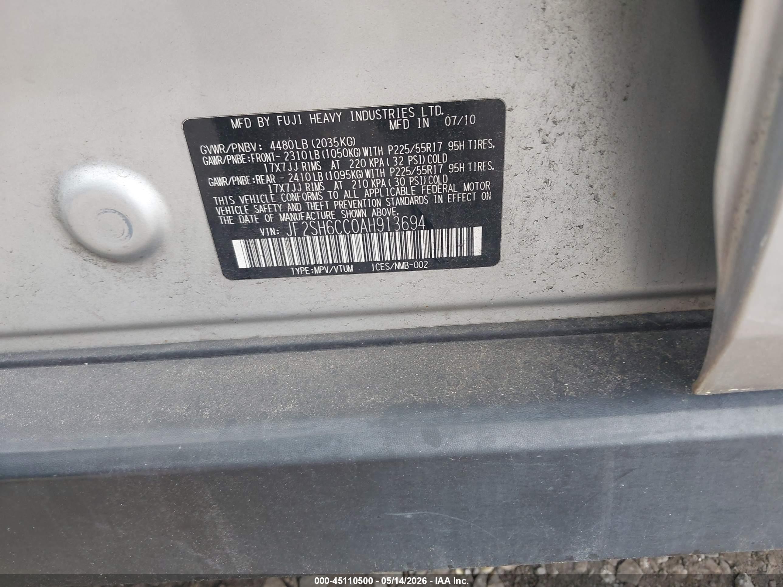 2010 Subaru Forester 2.5x Premium Серебряный vin: JF2SH6CC0AH913694