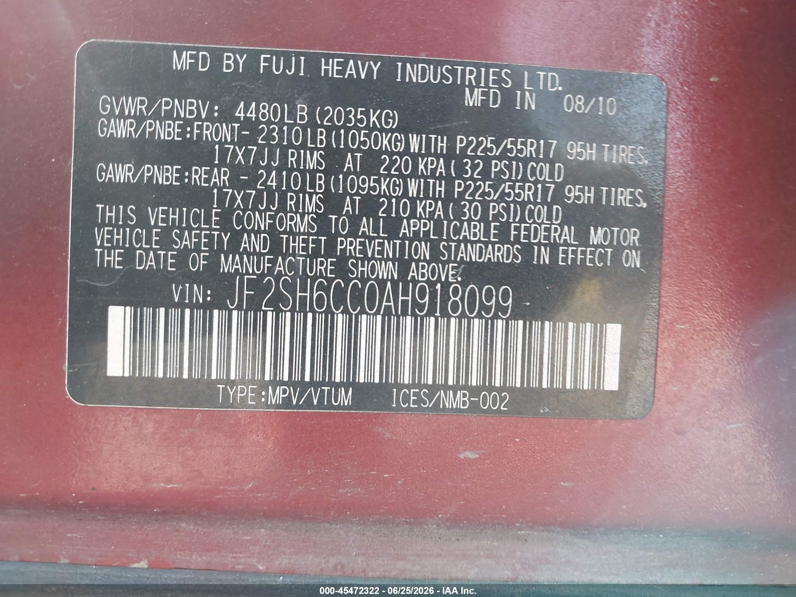 2010 Subaru Forester 2.5x Premium Бордовый vin: JF2SH6CC0AH918099