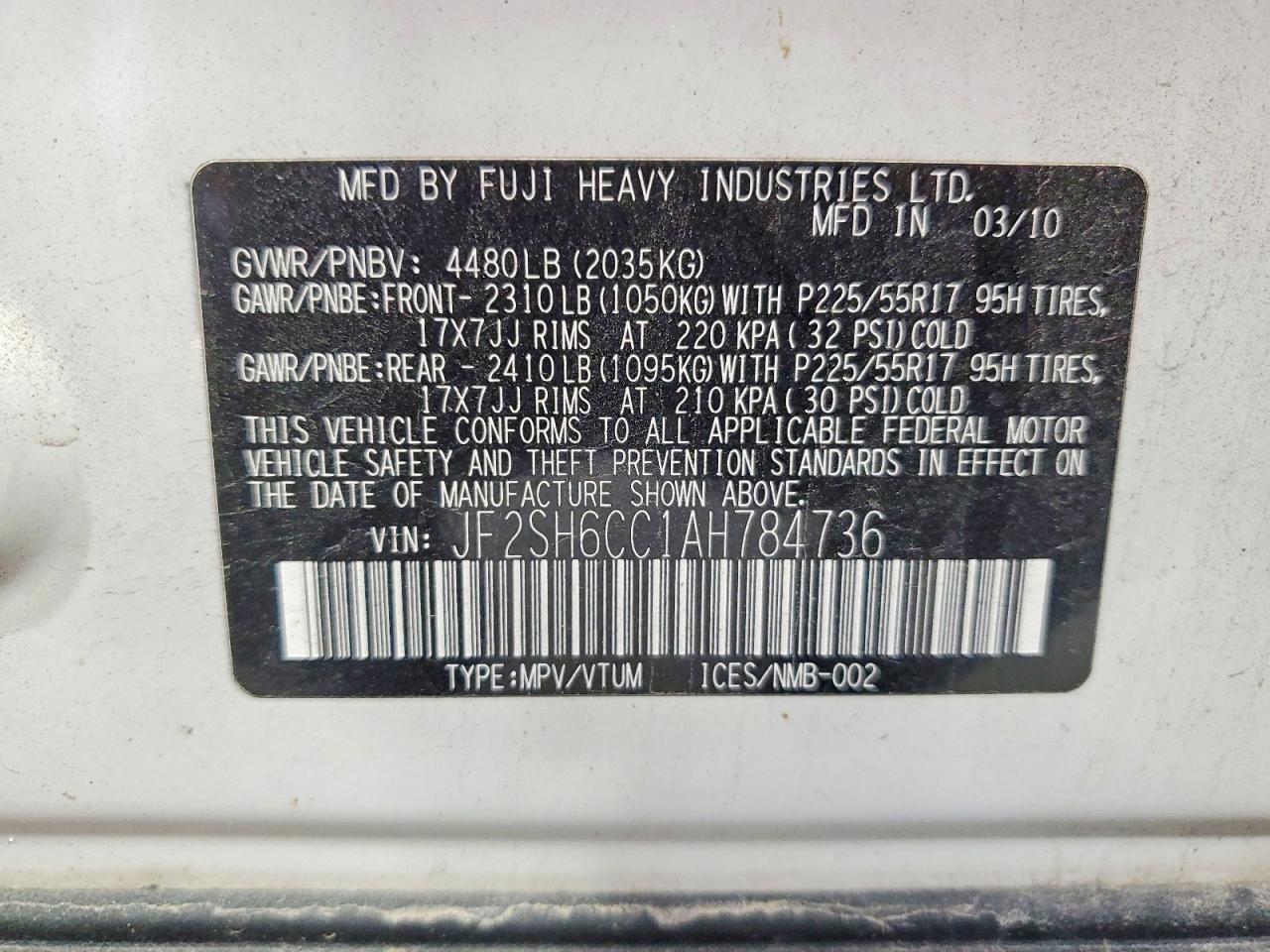 2010 Subaru Forester 2.5x Premium White vin: JF2SH6CC1AH784736