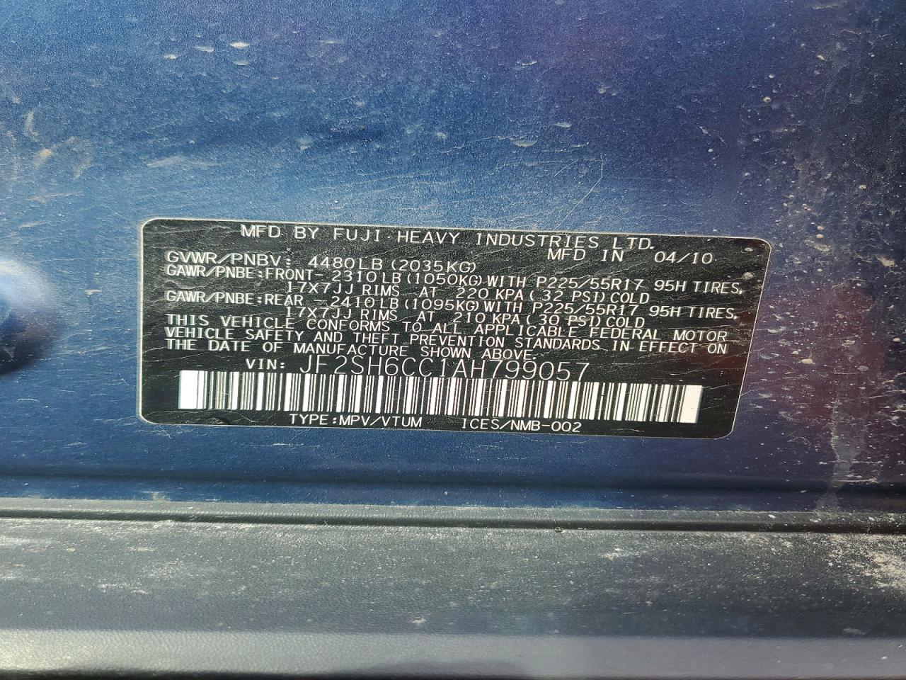 2010 Subaru Forester Blue vin: JF2SH6CC1AH799057