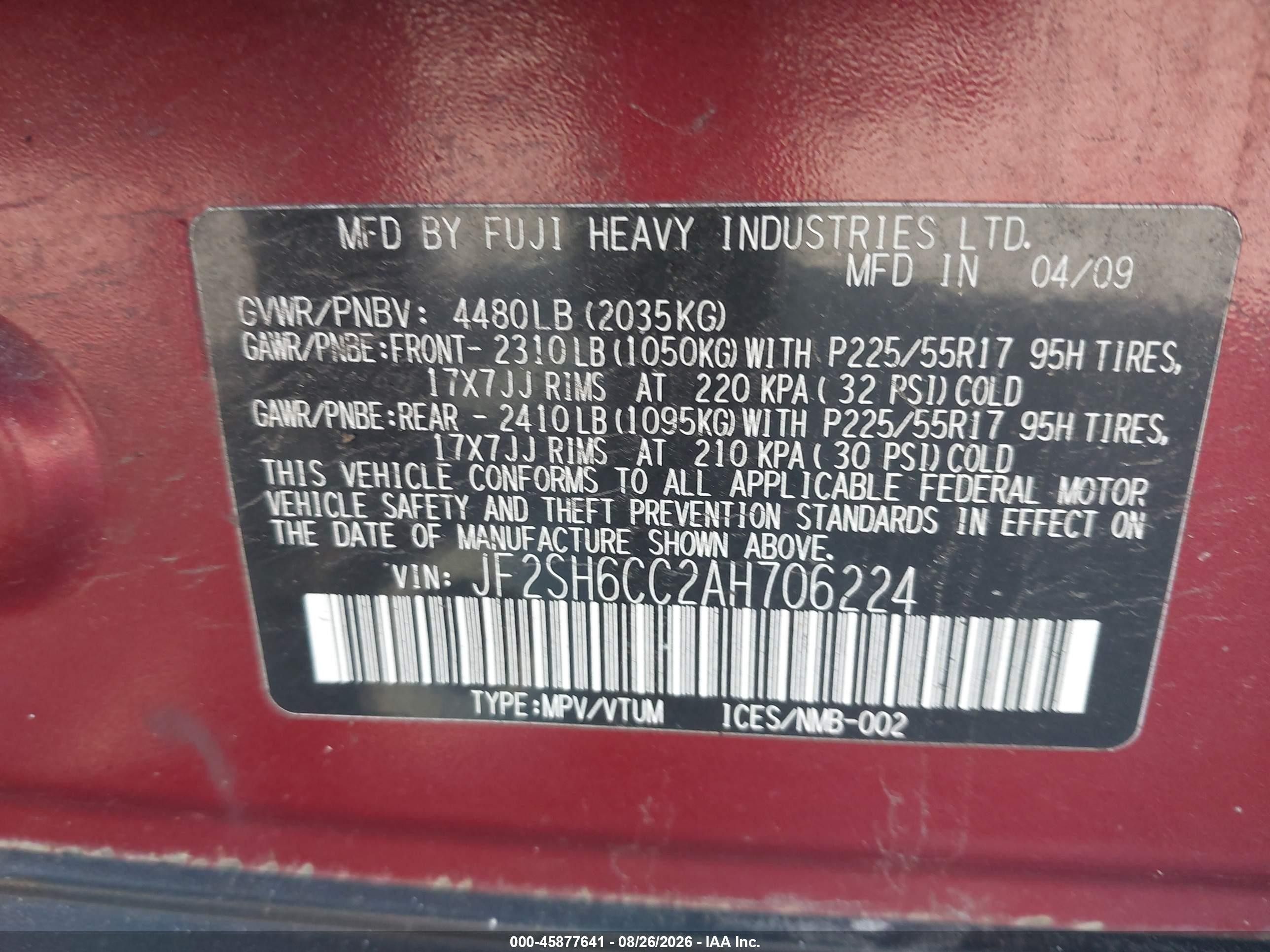 2010 Subaru Forester 2.5x Premium Red vin: JF2SH6CC2AH706224