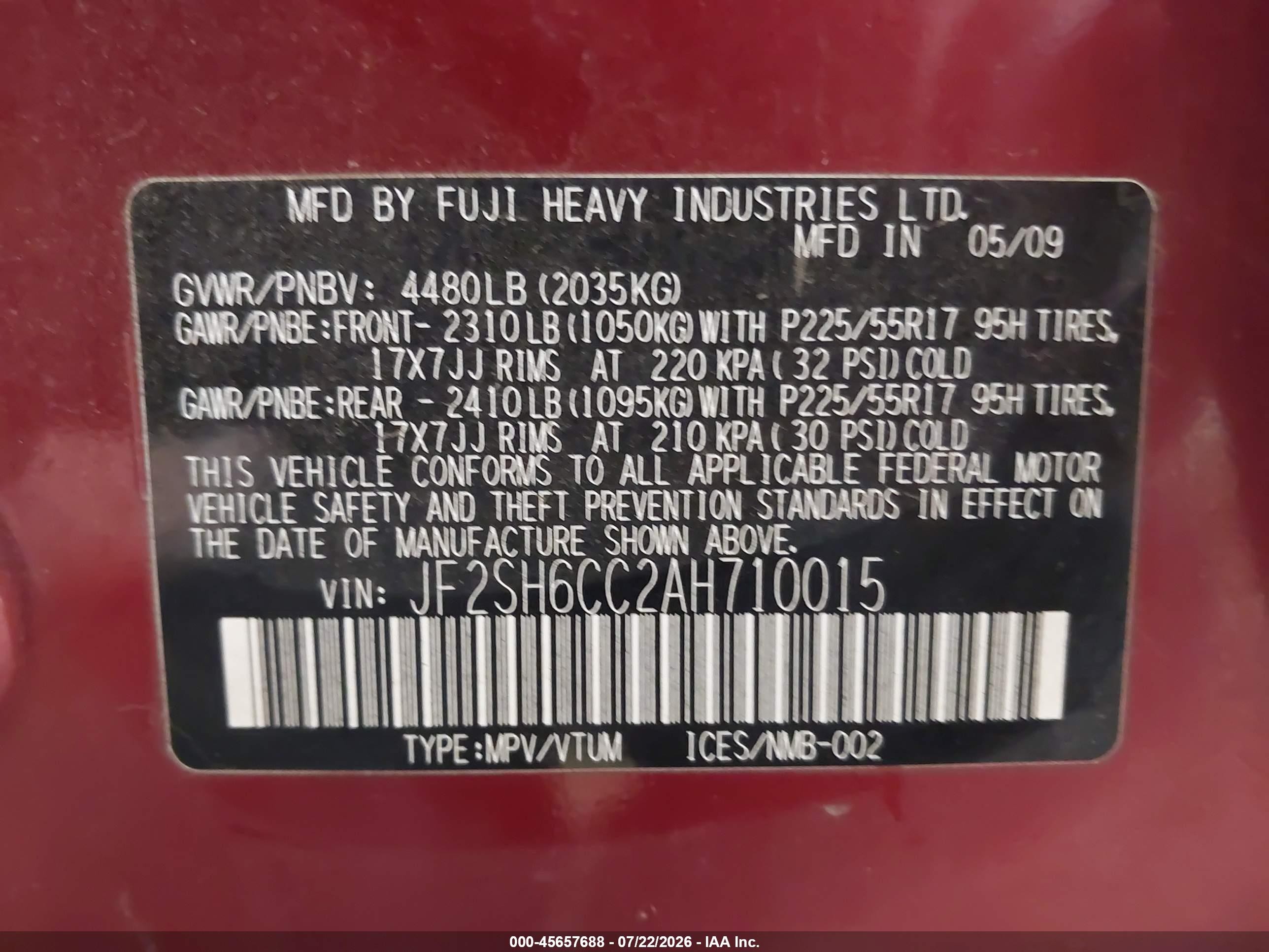 2010 Subaru Forester 2.5x Premium Maroon vin: JF2SH6CC2AH710015