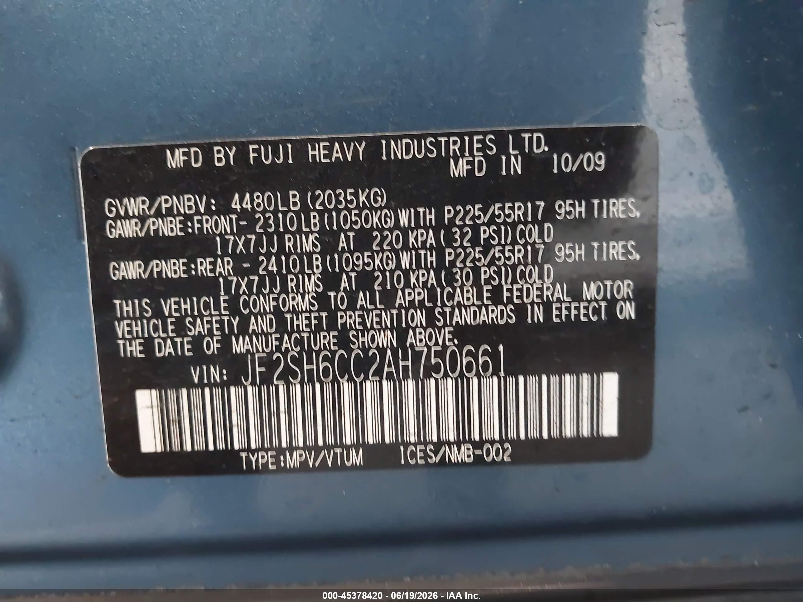 2010 Subaru Forester 2.5x Premium Blue vin: JF2SH6CC2AH750661