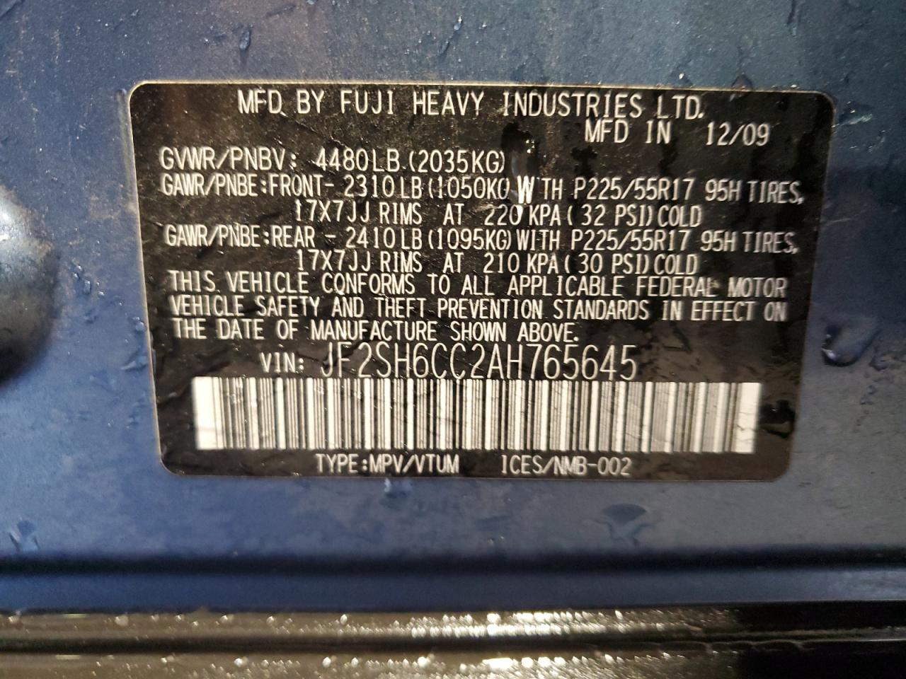 2010 Subaru Forester 2.5x Premium Blue vin: JF2SH6CC2AH765645