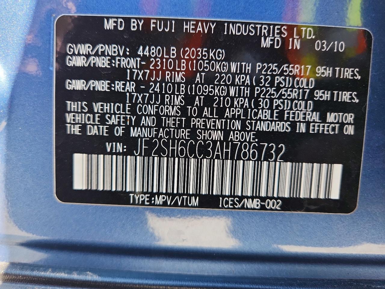2010 Subaru Forester 2.5x Premium Blue vin: JF2SH6CC3AH786732