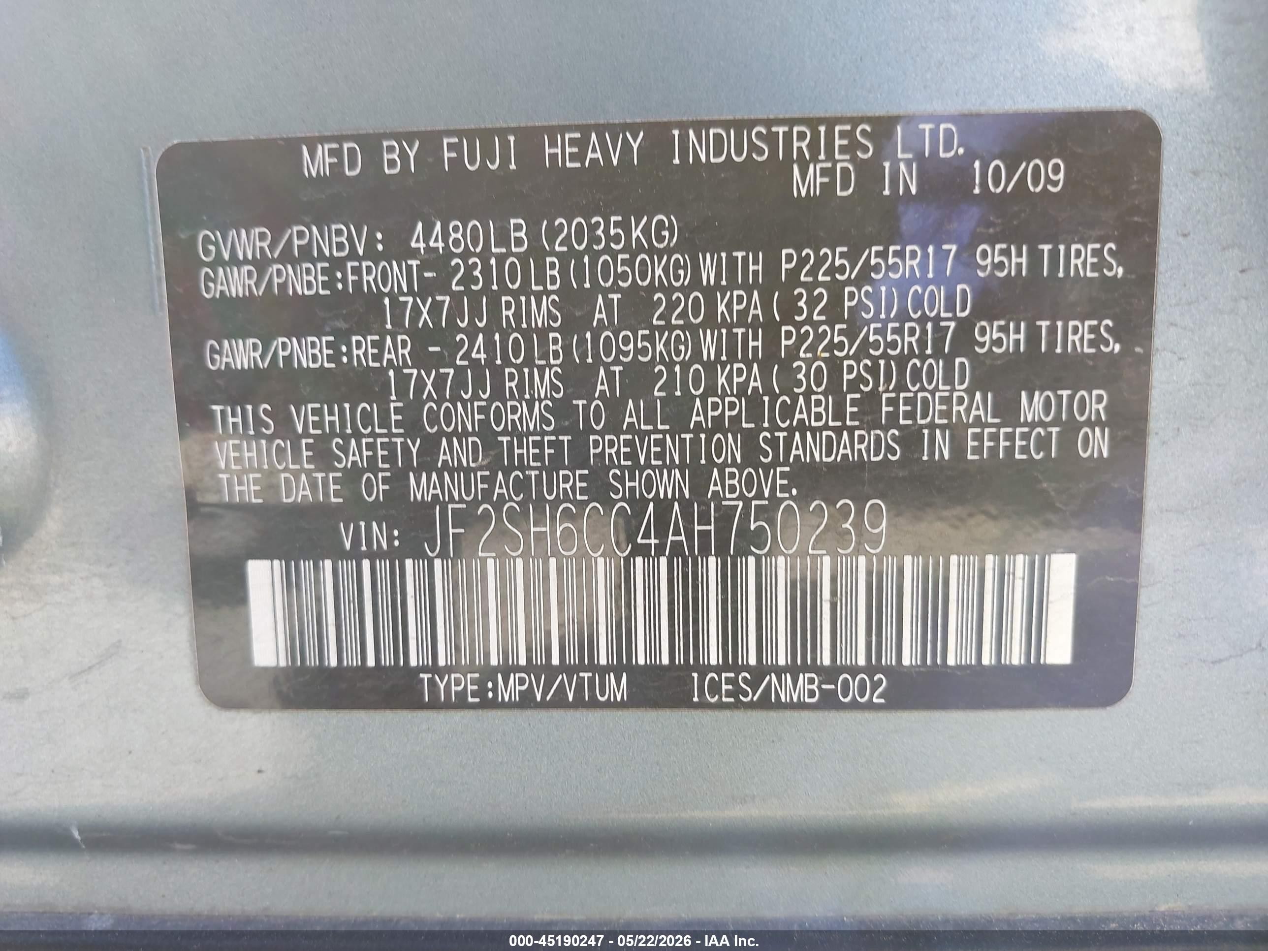 2010 Subaru Forester 2.5x Premium Бирюзовый vin: JF2SH6CC4AH750239