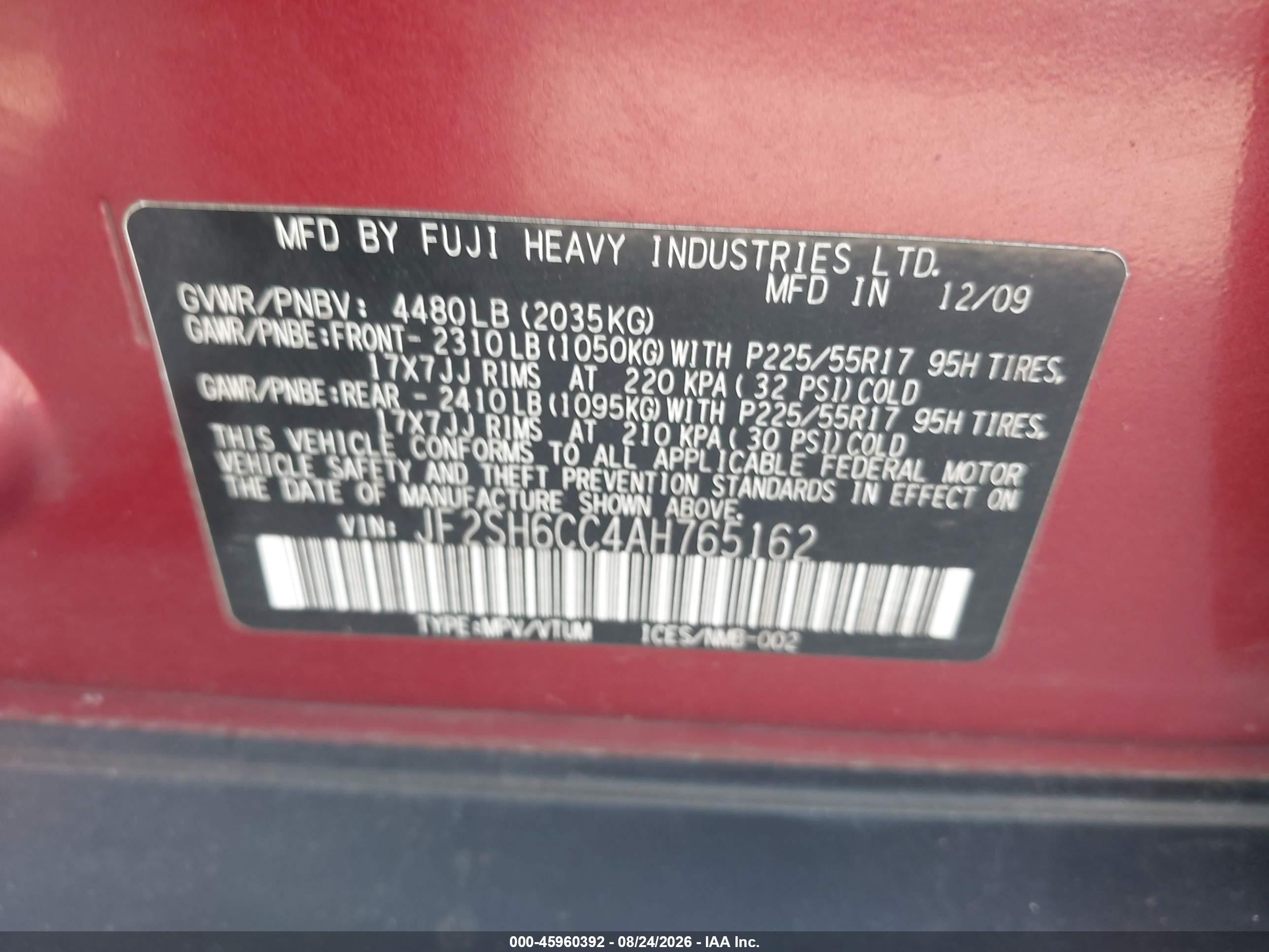 2010 Subaru Forester 2.5x Premium Burgundy vin: JF2SH6CC4AH765162