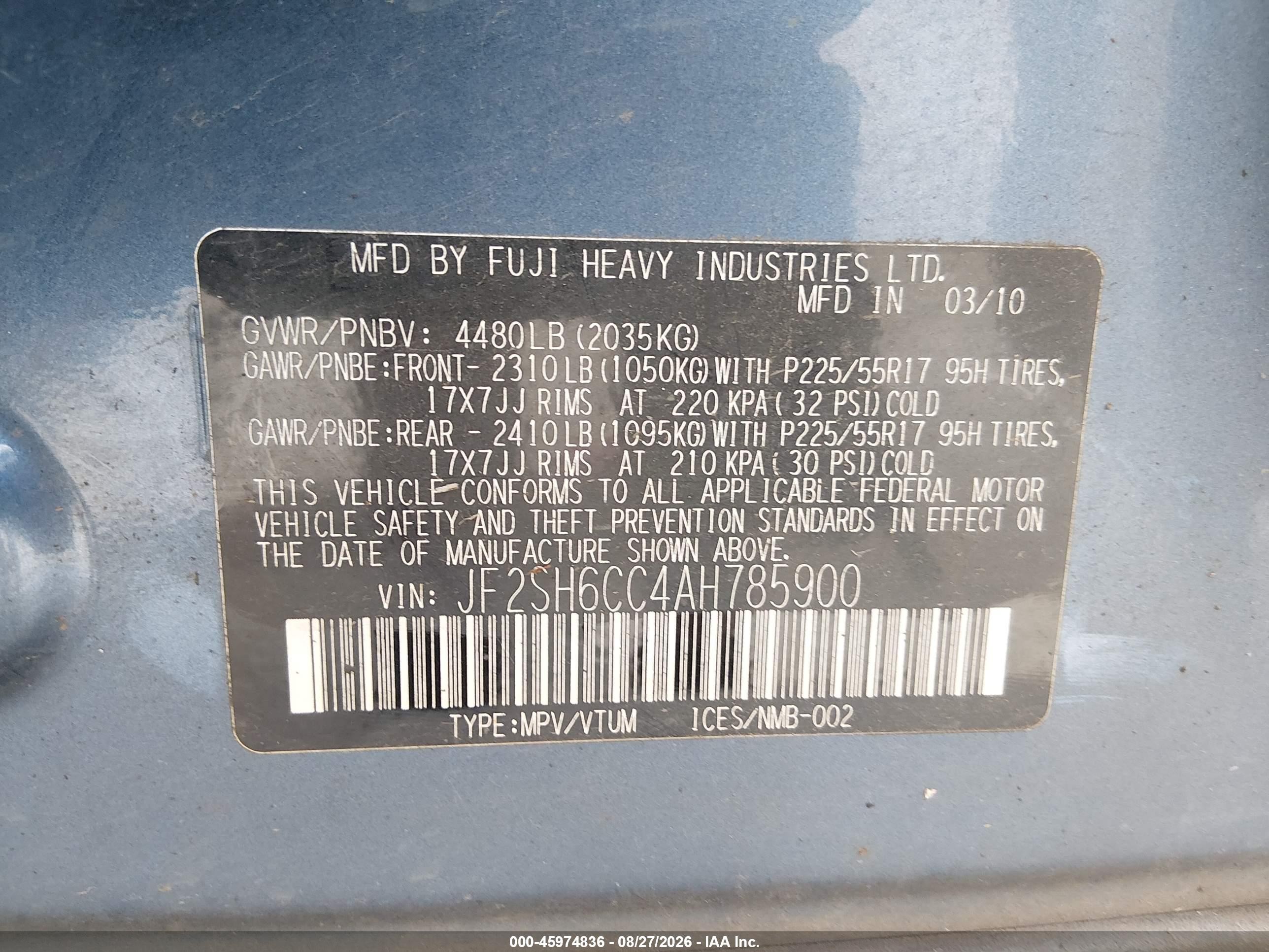 2010 Subaru Forester 2.5x Premium Blue vin: JF2SH6CC4AH785900
