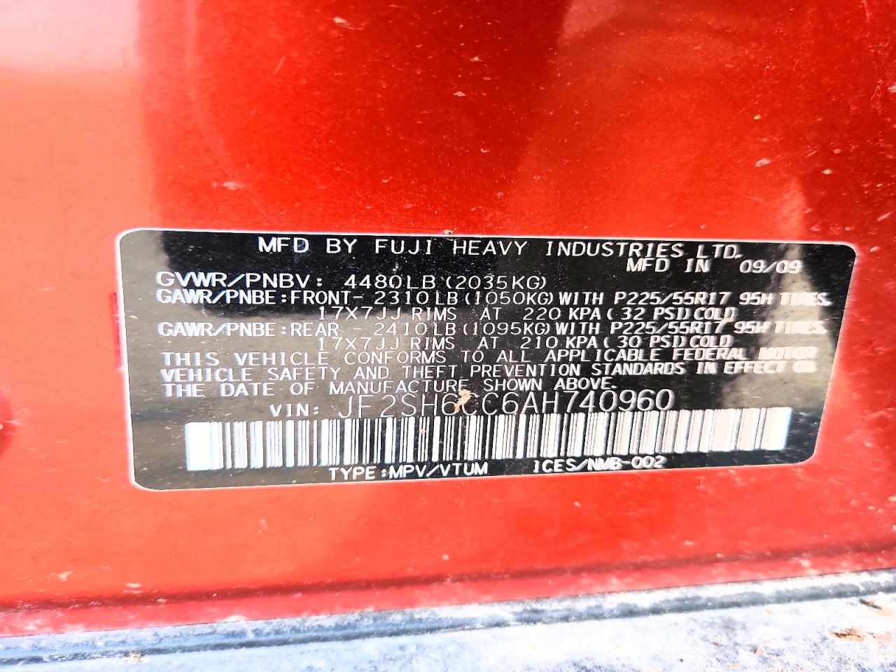 2010 Subaru Forester 2.5x Premium Red vin: JF2SH6CC6AH740960