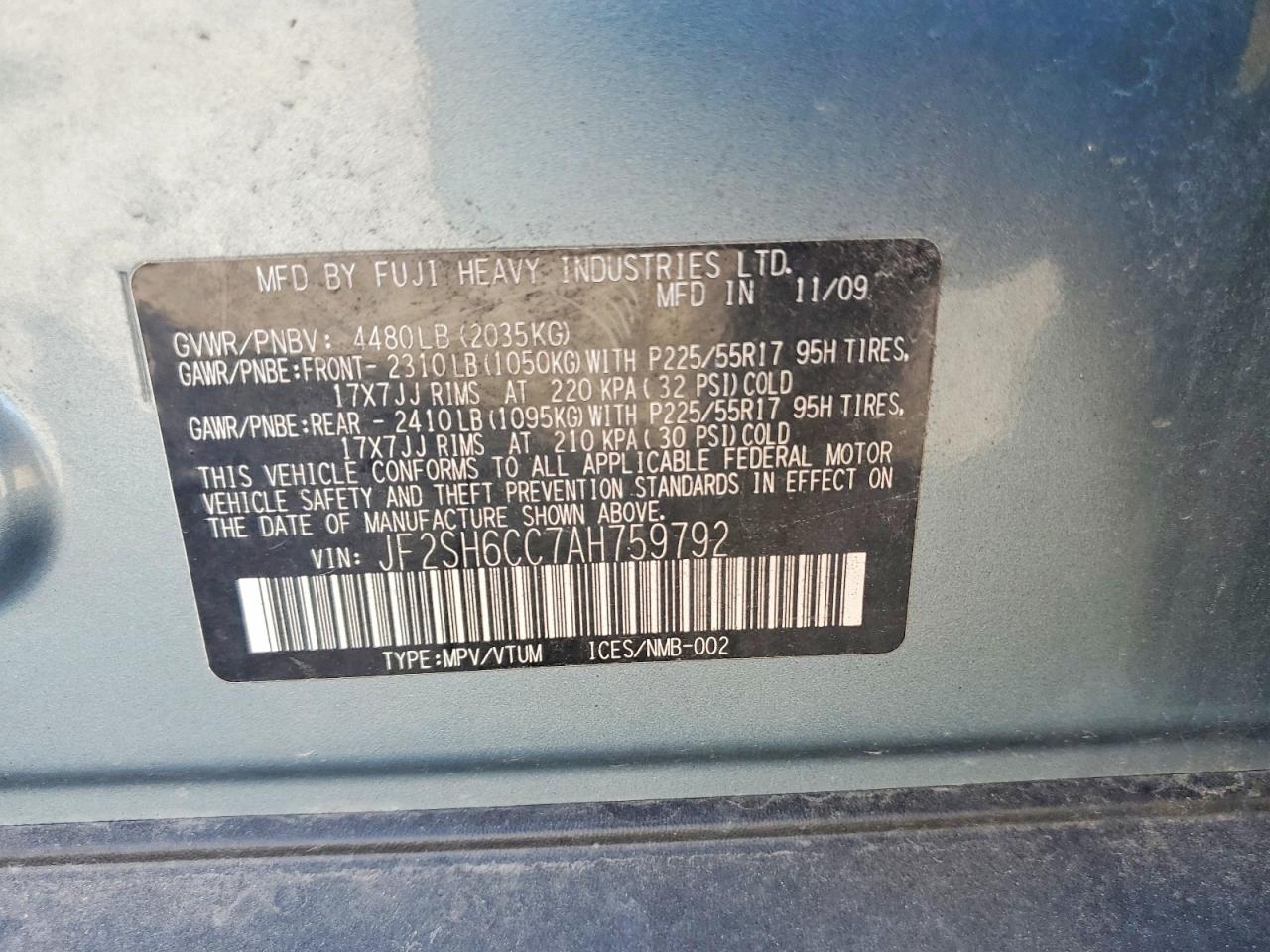 2010 Subaru Forester 2.5x Premium Blue vin: JF2SH6CC7AH759792