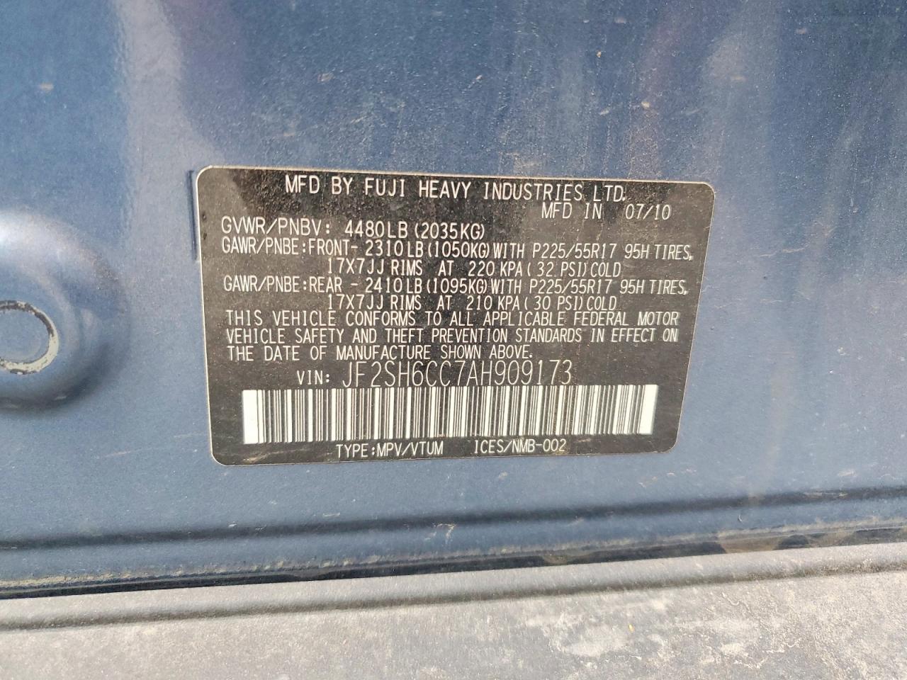 2010 Subaru Forester 2.5x Premium Blue vin: JF2SH6CC7AH909173