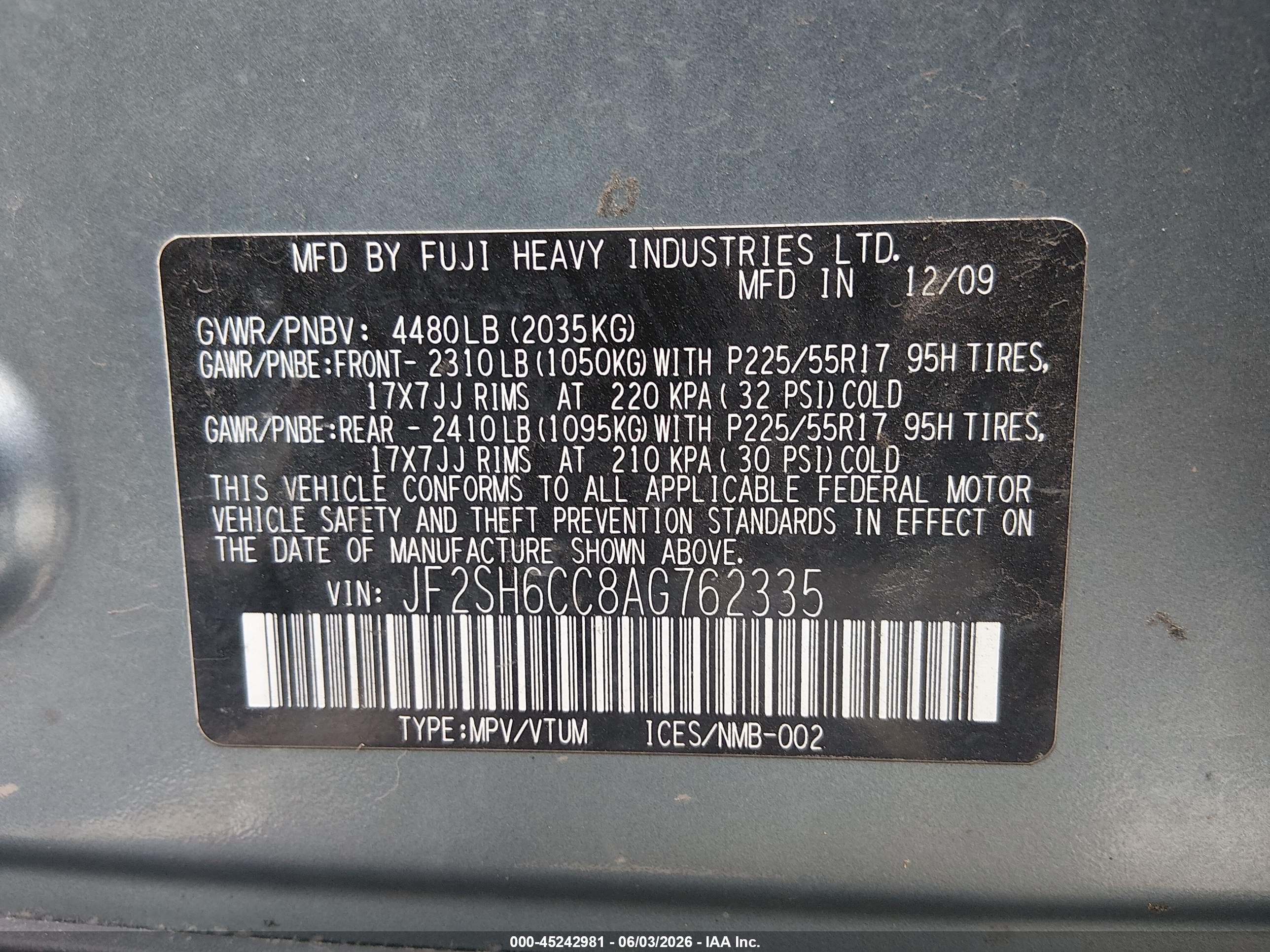 2010 Subaru Forester 2.5x Premium Turquoise vin: JF2SH6CC8AG762335
