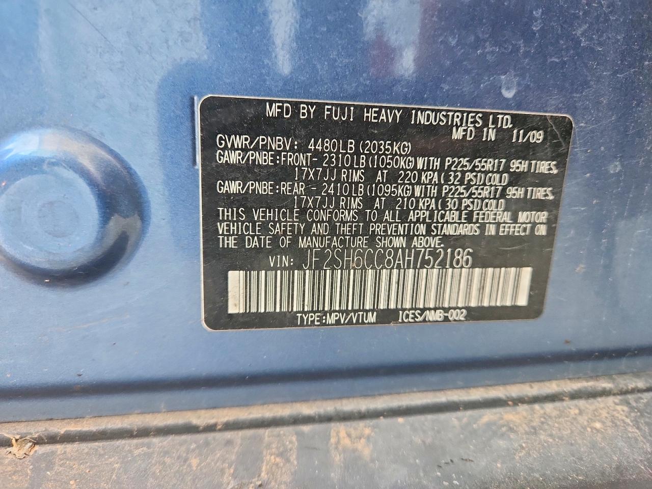 2010 Subaru Forester 2.5x Premium Blue vin: JF2SH6CC8AH752186