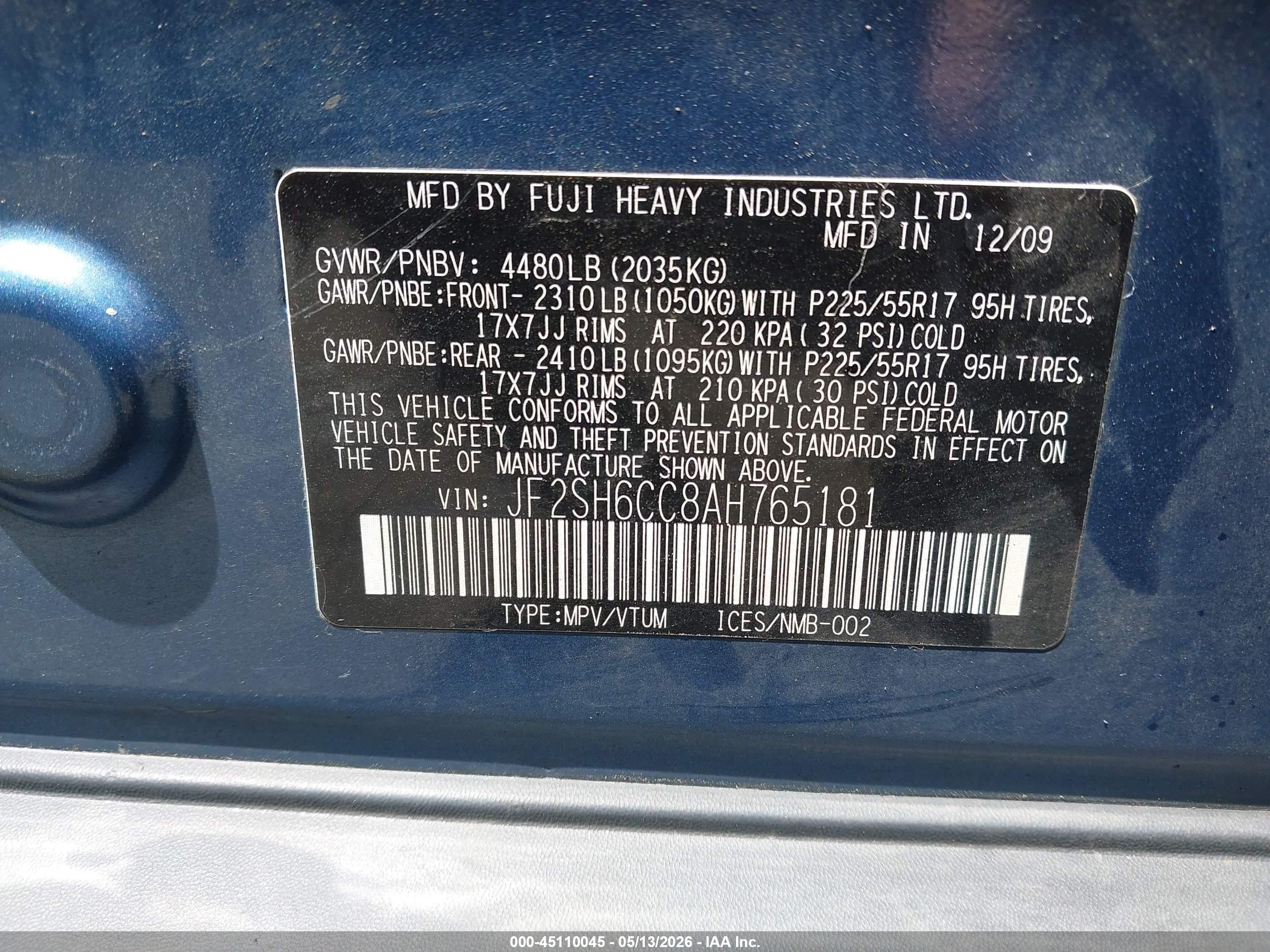 2010 Subaru Forester 2.5x Premium Blue vin: JF2SH6CC8AH765181