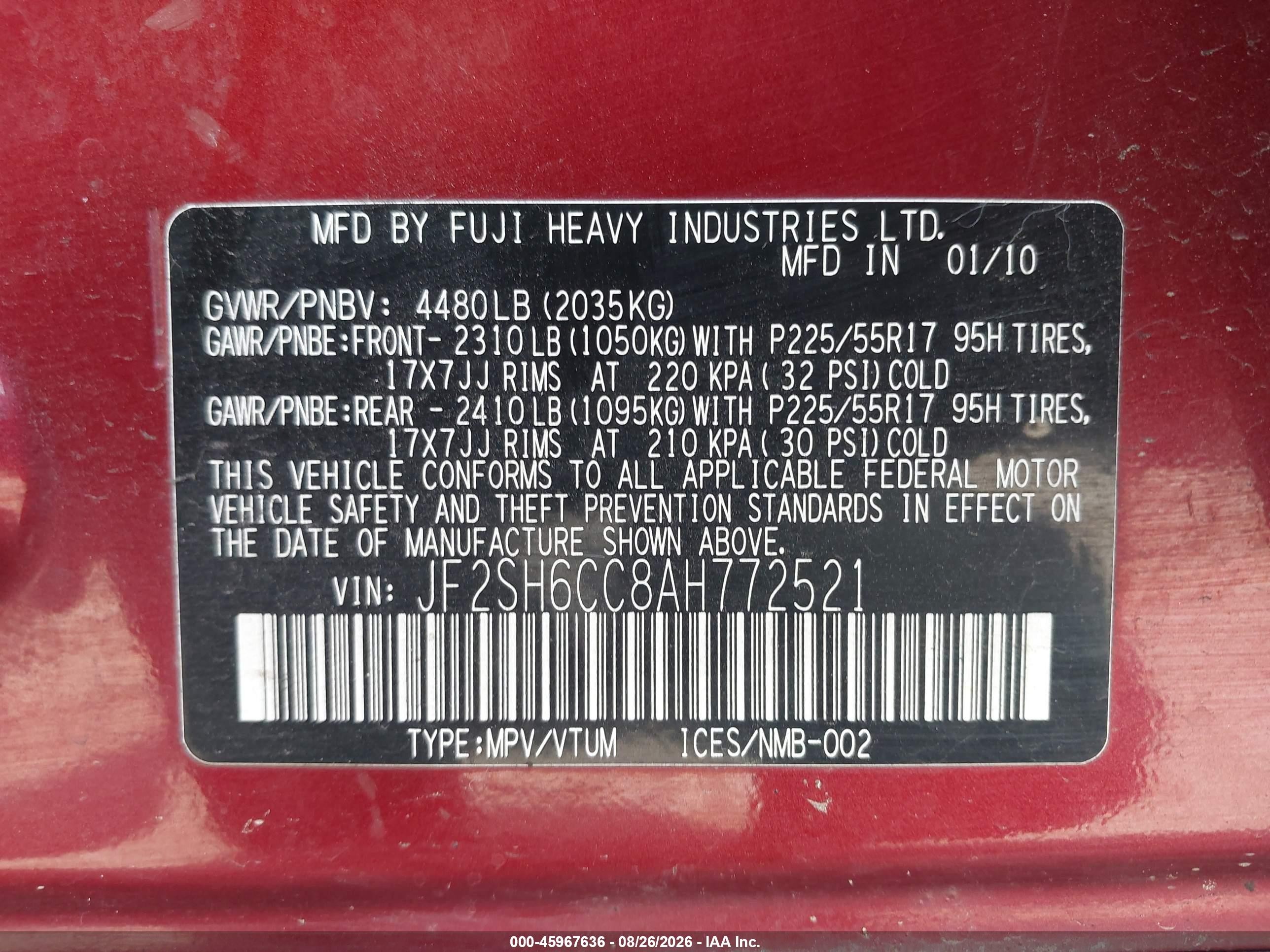 2010 Subaru Forester 2.5x Premium Red vin: JF2SH6CC8AH772521