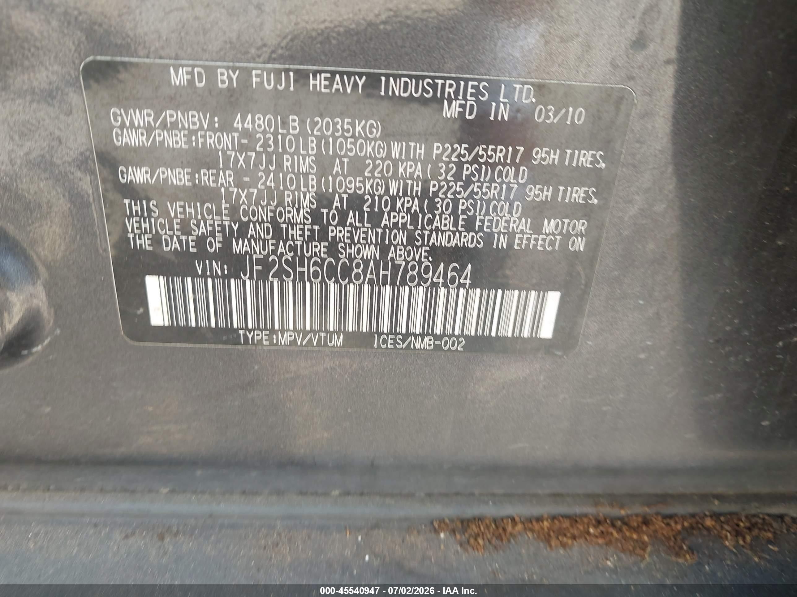 2010 Subaru Forester 2.5x Premium Black vin: JF2SH6CC8AH789464