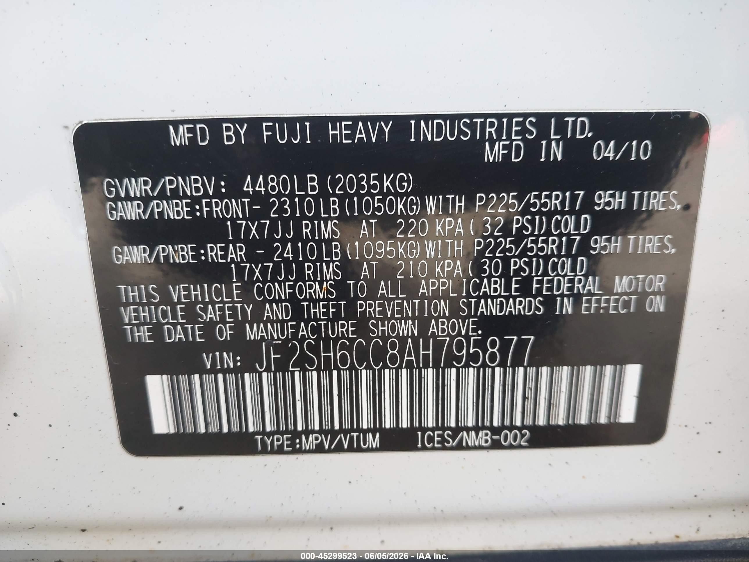 2010 Subaru Forester 2.5x Premium White vin: JF2SH6CC8AH795877