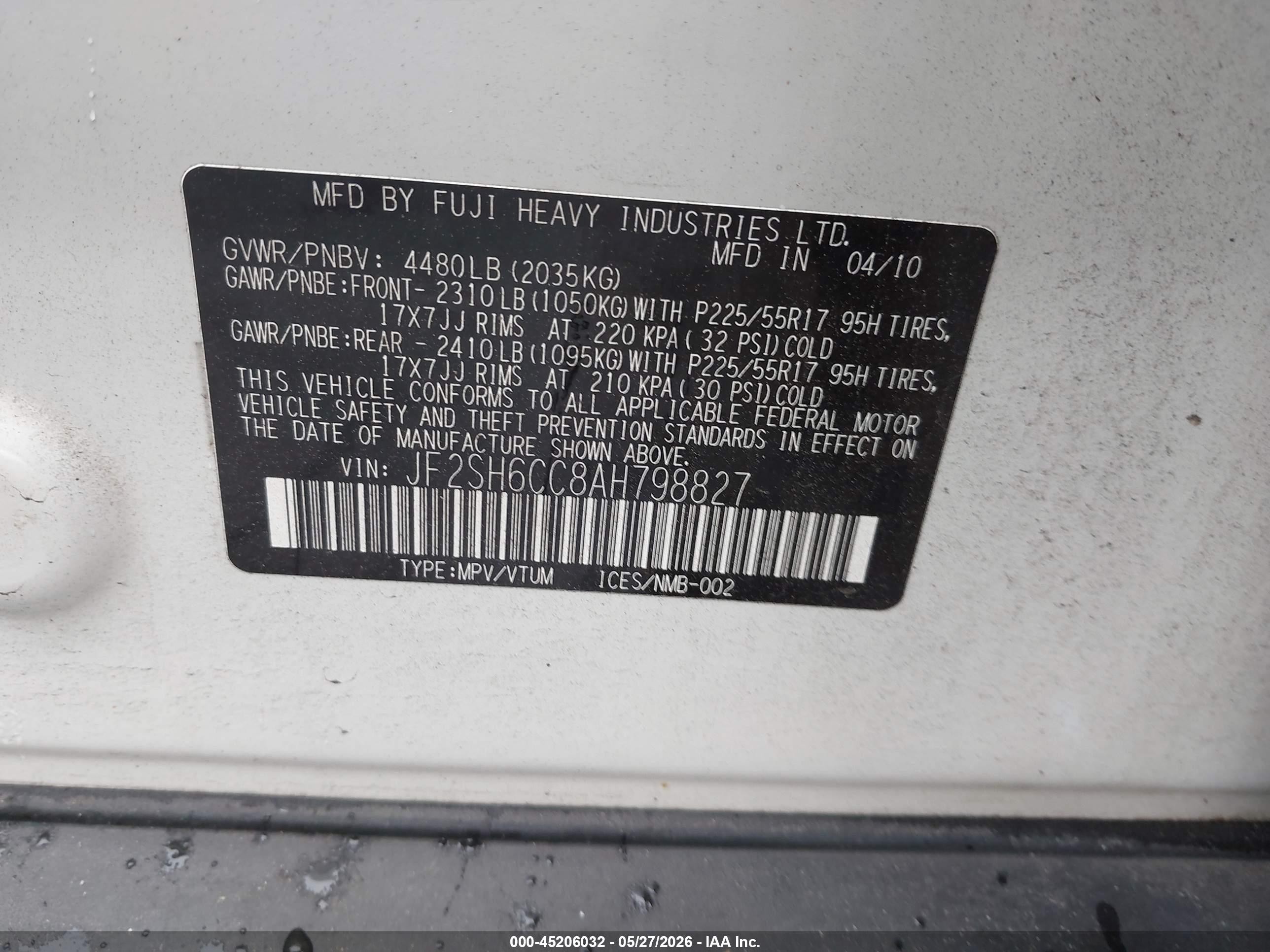 2010 Subaru Forester 2.5x Premium White vin: JF2SH6CC8AH798827