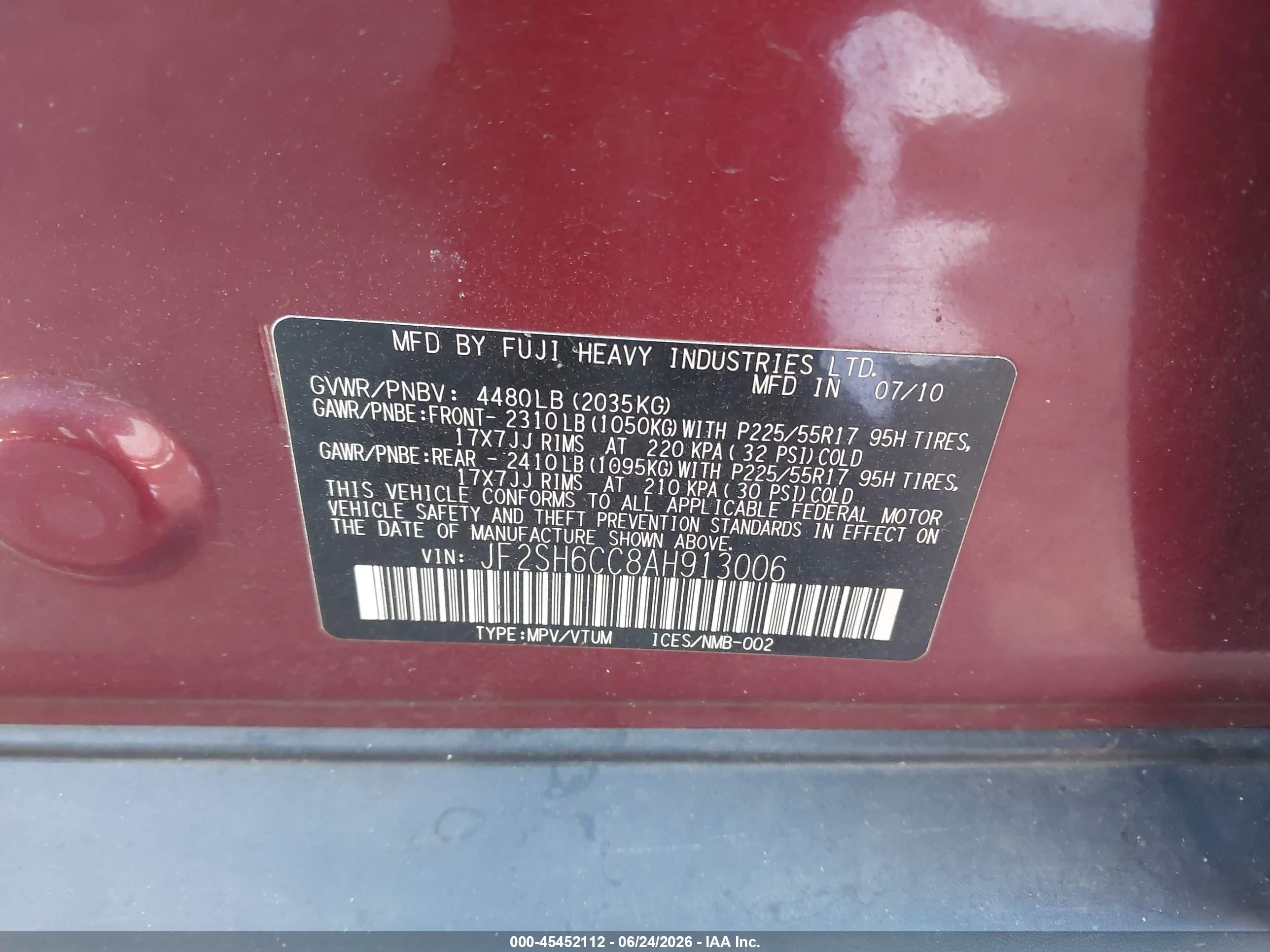 2010 Subaru Forester 2.5x Premium Красный vin: JF2SH6CC8AH913006