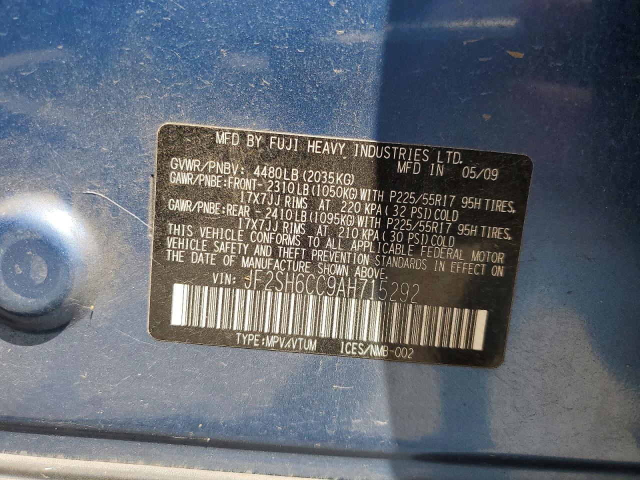 2010 Subaru Forester 2.5x Premium Blue vin: JF2SH6CC9AH715292