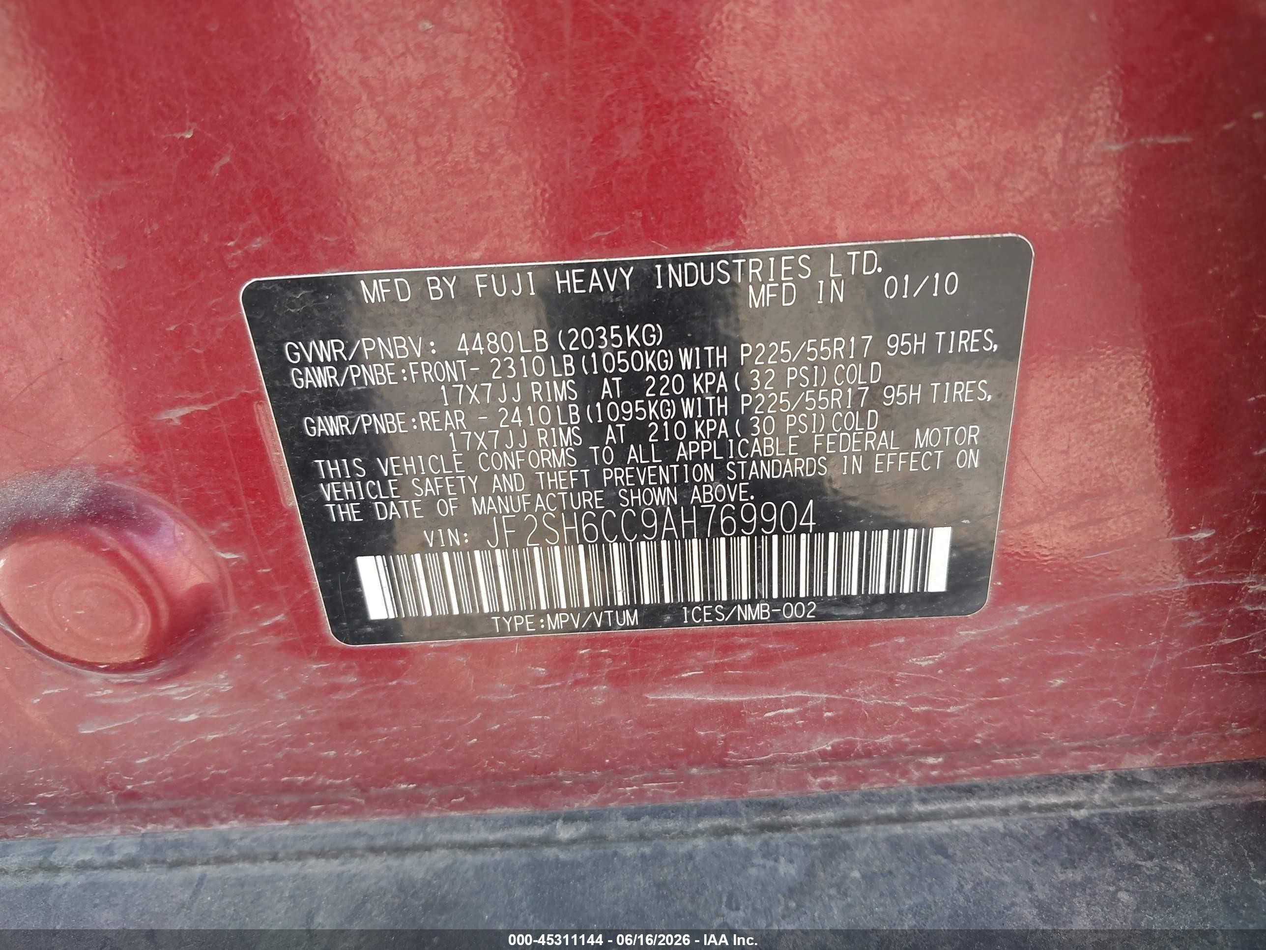 2010 Subaru Forester 2.5x Premium Red vin: JF2SH6CC9AH769904