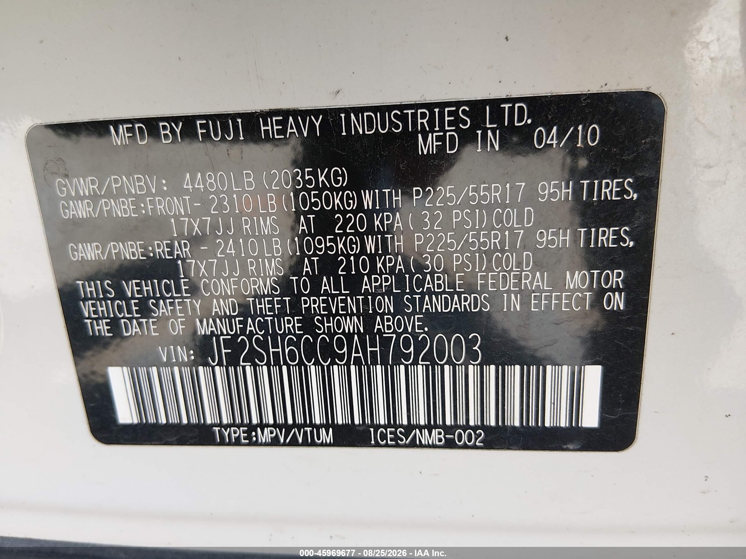 2010 Subaru Forester 2.5x Premium White vin: JF2SH6CC9AH792003