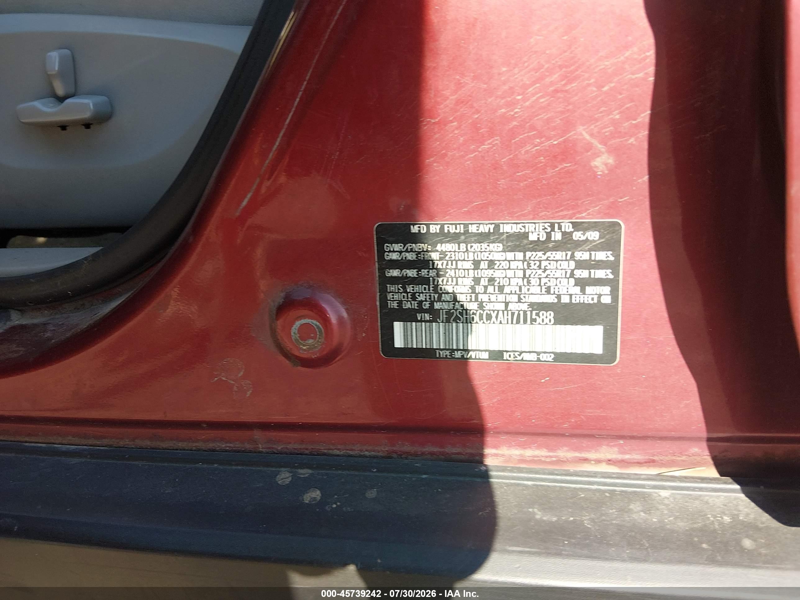 2010 Subaru Forester 2.5x Premium Red vin: JF2SH6CCXAH711588