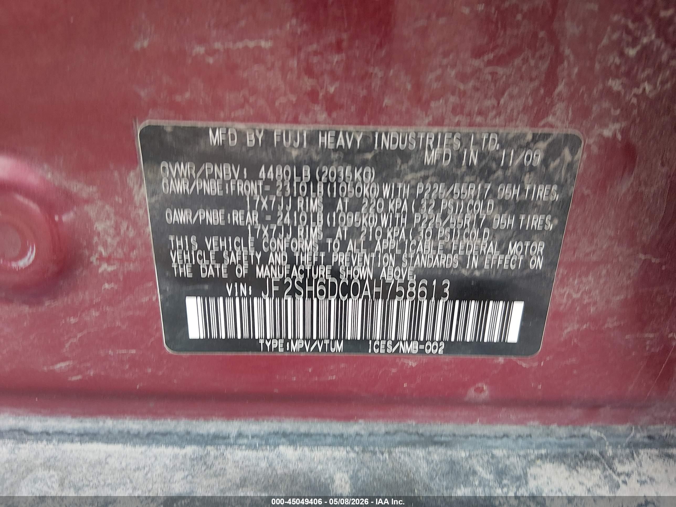 2010 Subaru Forester 2.5x Limited Red vin: JF2SH6DC0AH758613